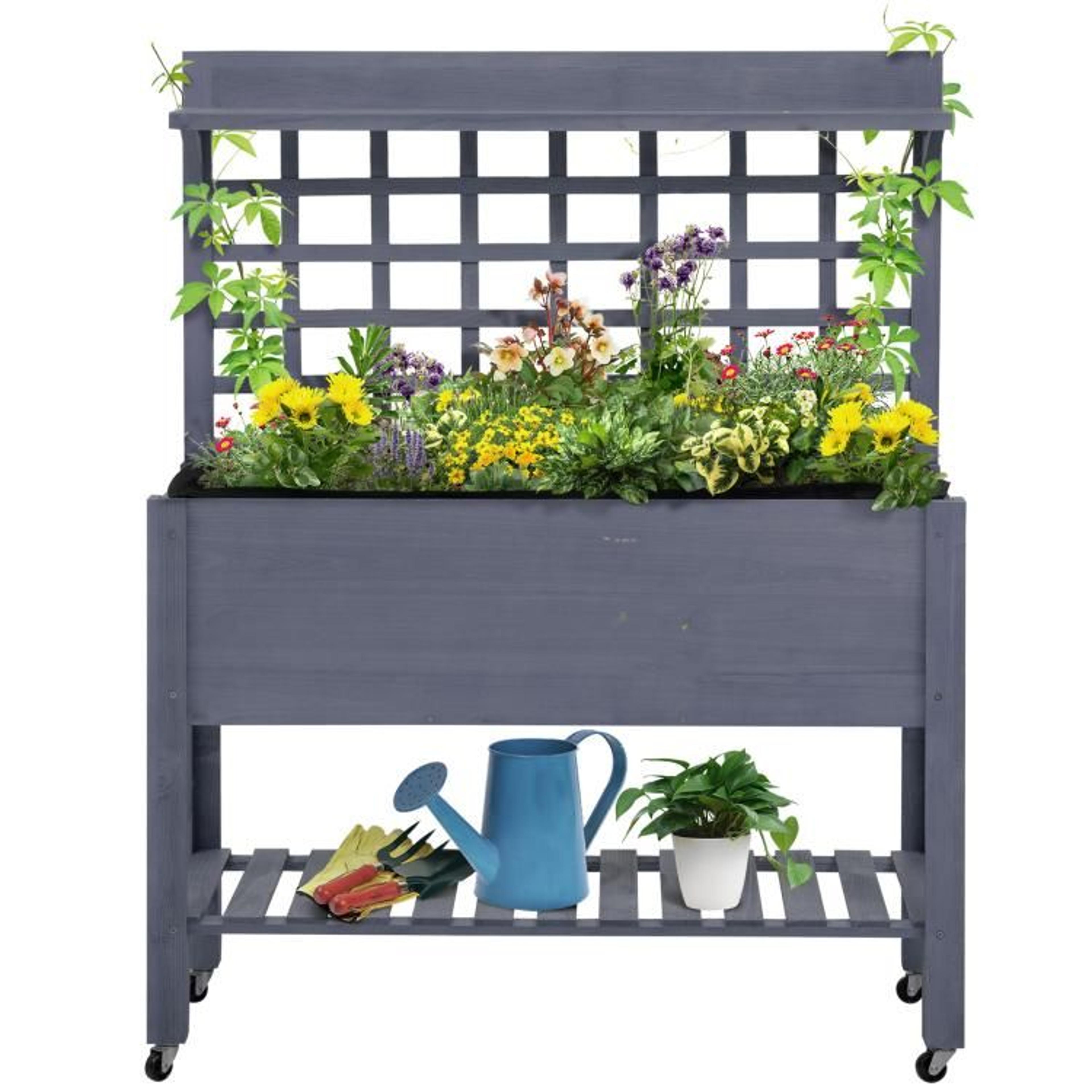 Raised Garden Bed With Wheels And Trellis  Wooden Planter Box In Gray 1