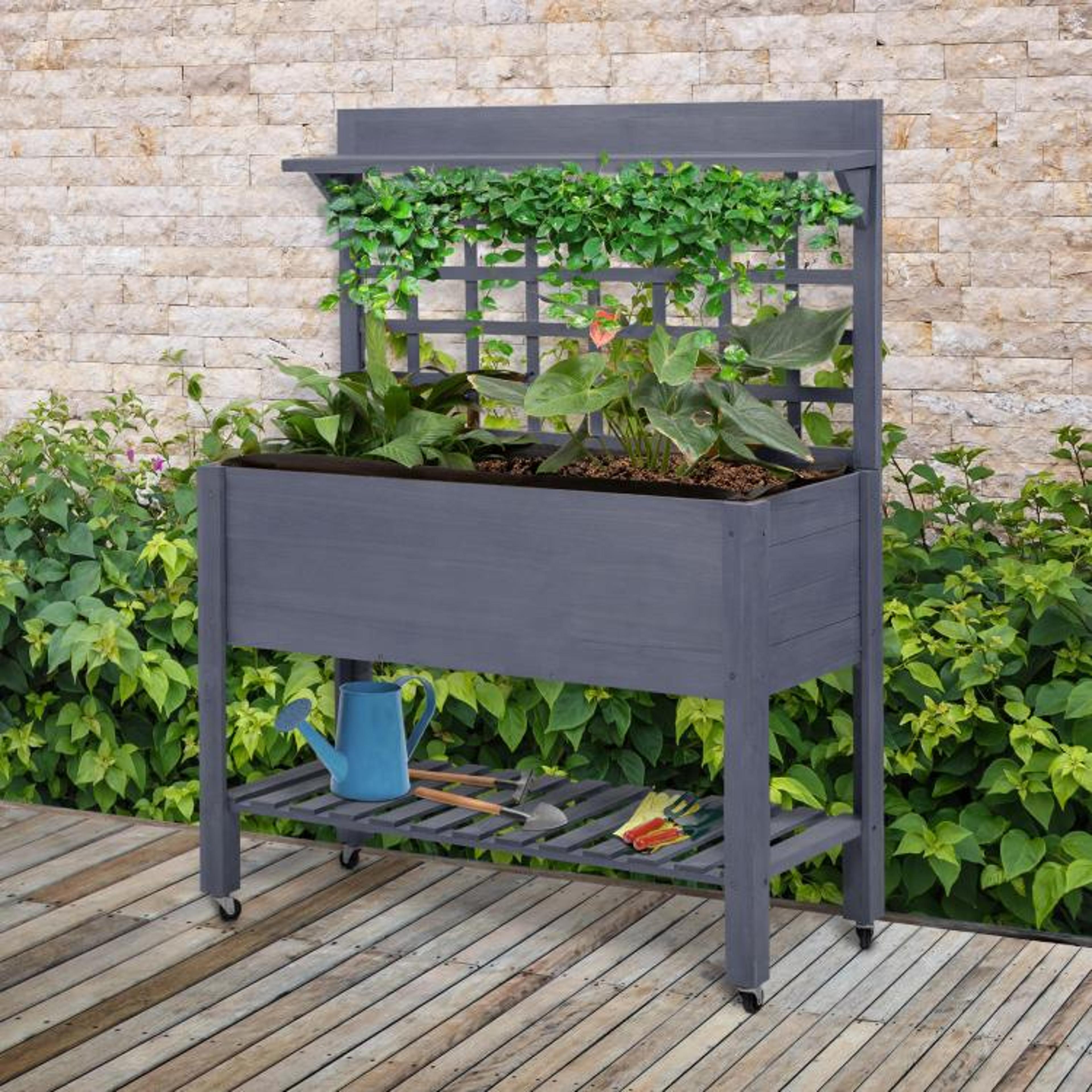 Raised Garden Bed With Wheels And Trellis  Wooden Planter Box In Gray 3
