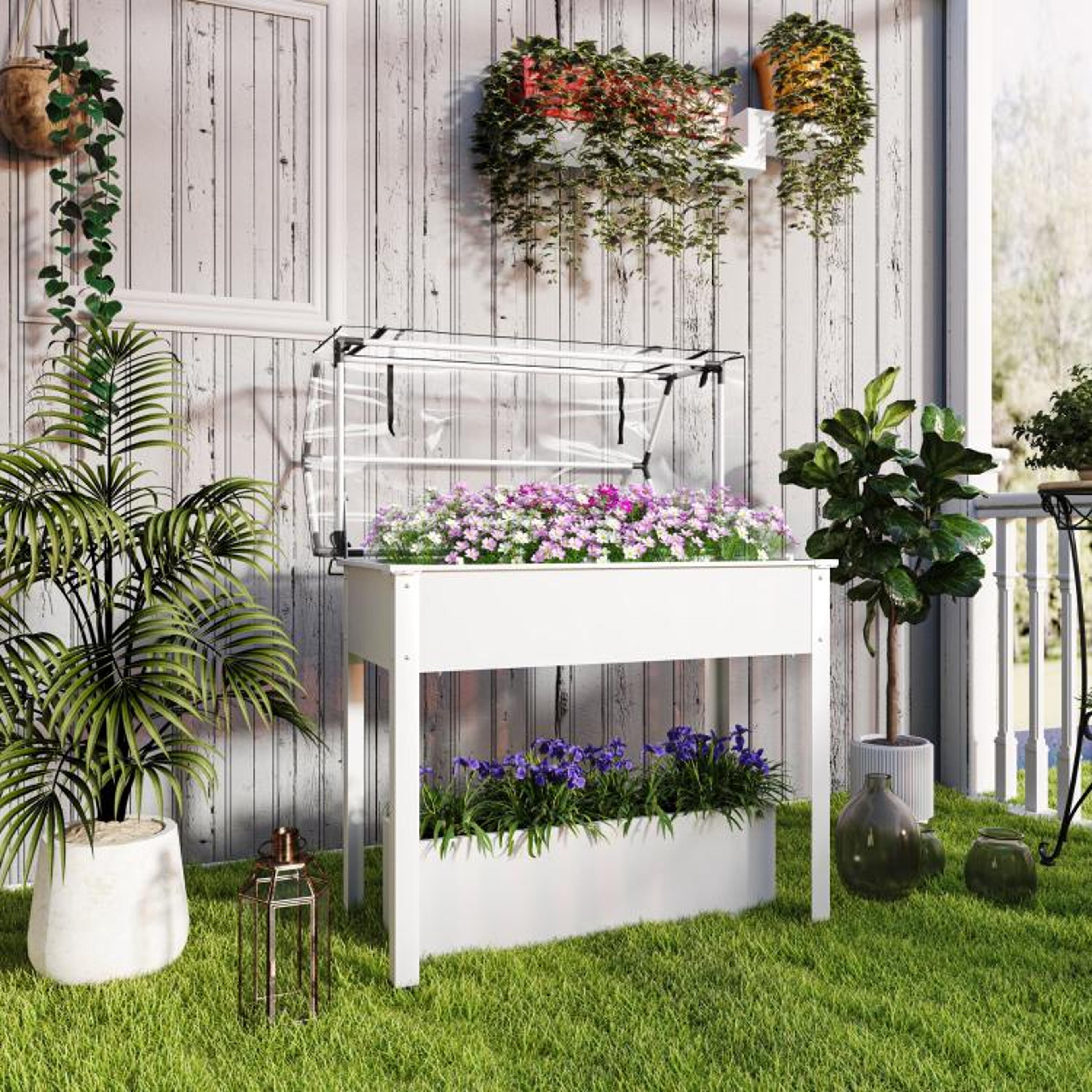 Elevated Raised Garden Bed With Greenhouse Cover And Drainage Hole  White 2