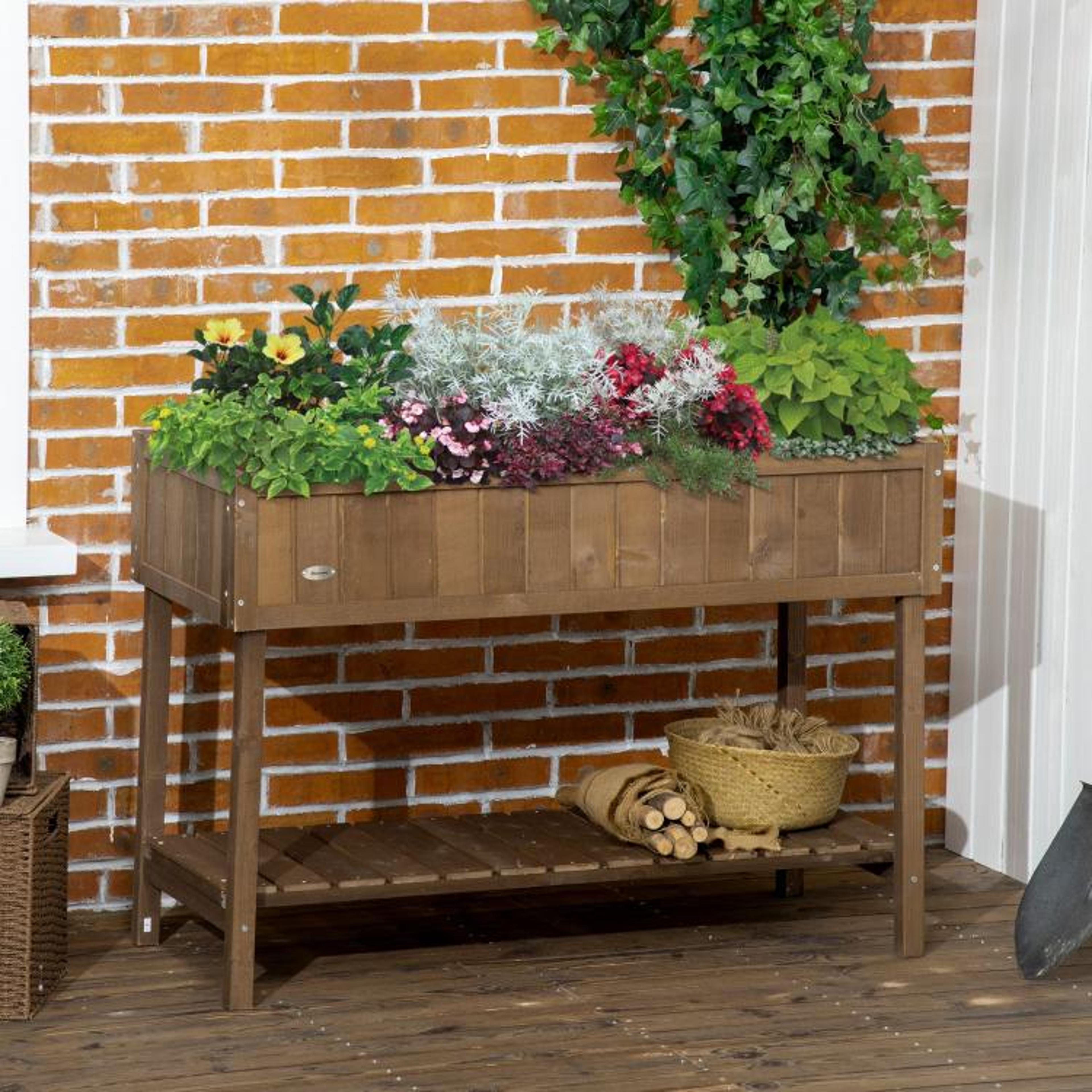 Wooden Raised Garden Bed With 8 Planting Sections And Storage Shelf  Dark Brown 2