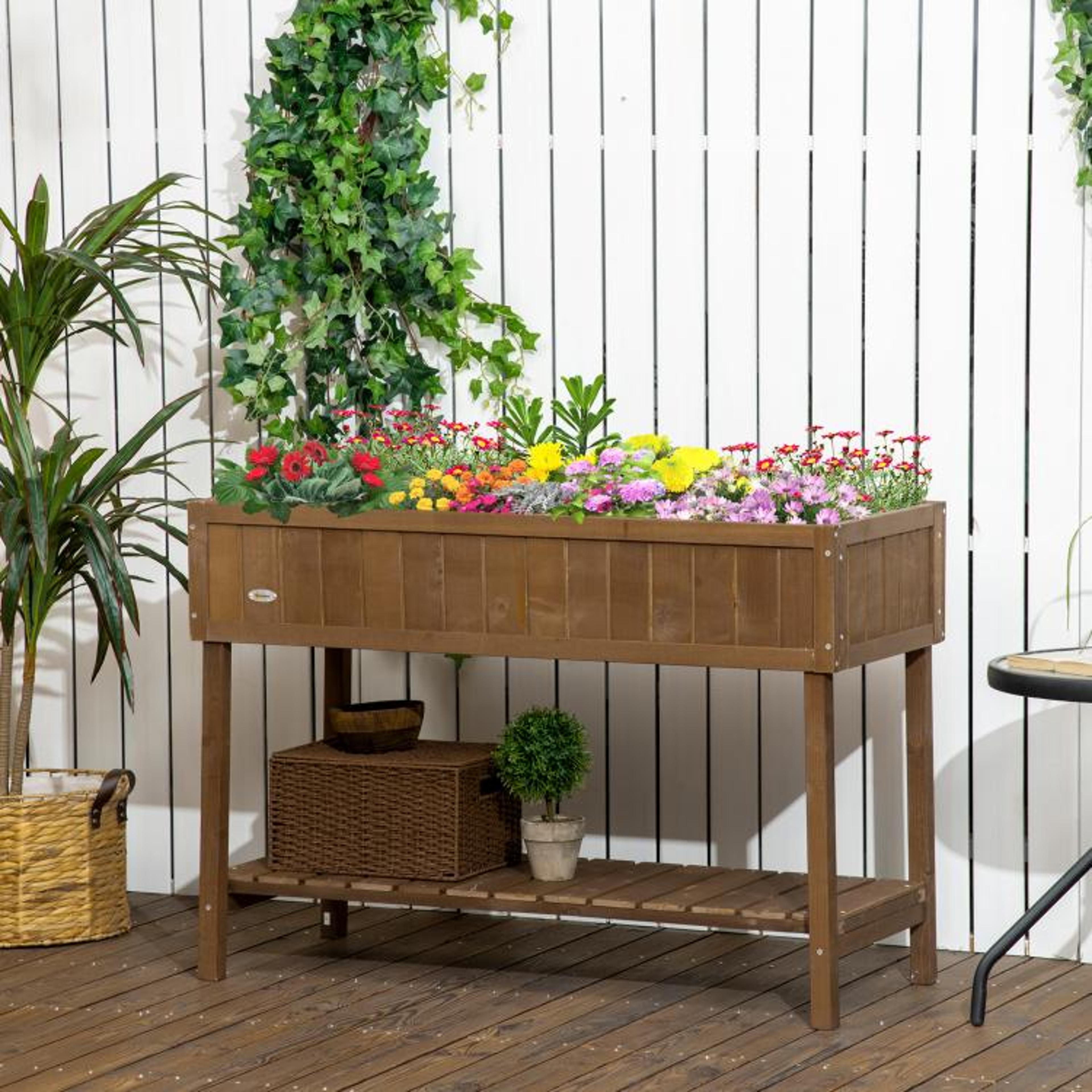 Wooden Raised Garden Bed With 8 Planting Sections And Storage Shelf  Dark Brown 3