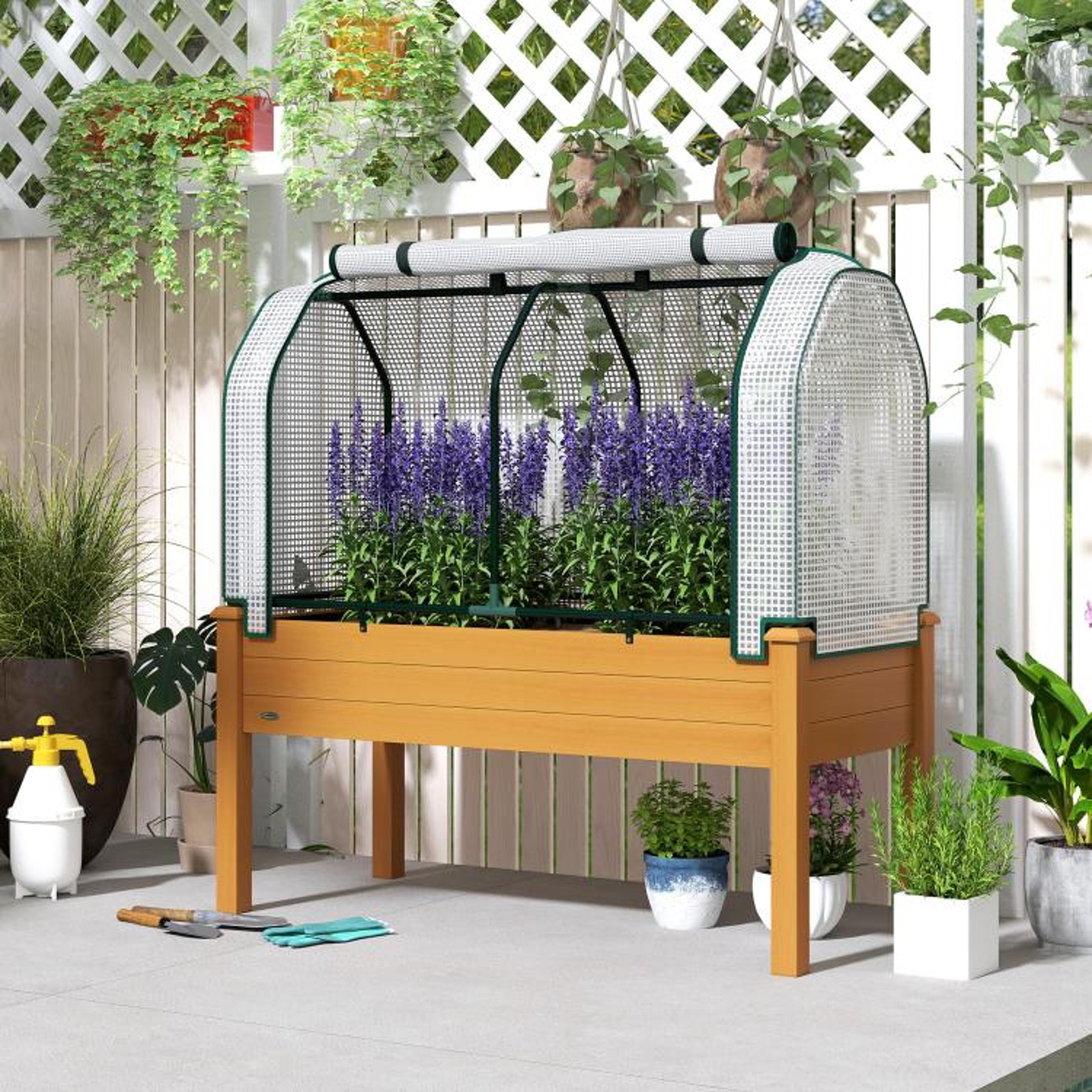 Elevated Raised Garden Bed With PE Greenhouse Cover And Drainage Holes 2