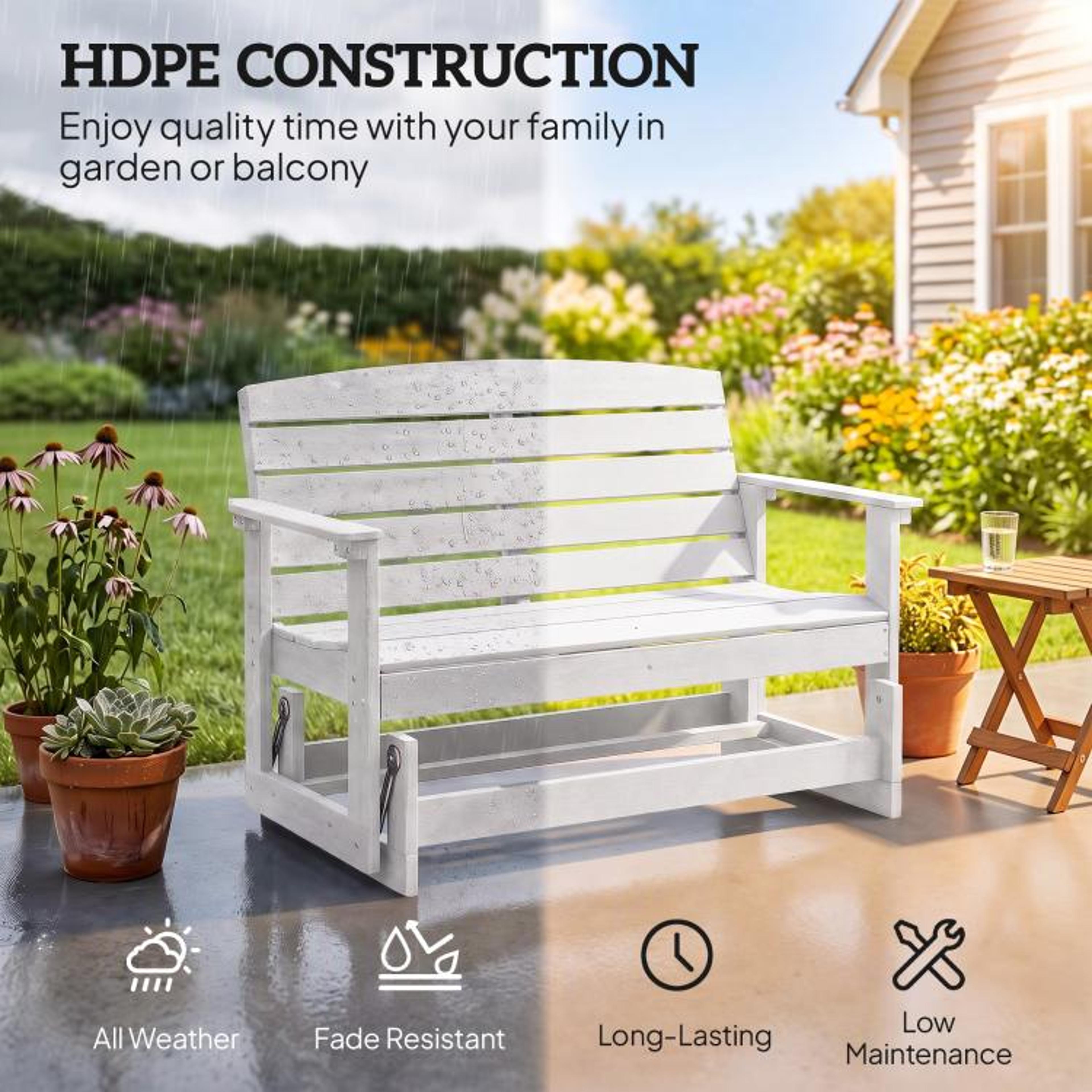 Outdoor Patio Glider Bench With HDPE Slatted Seat For Two  White 5
