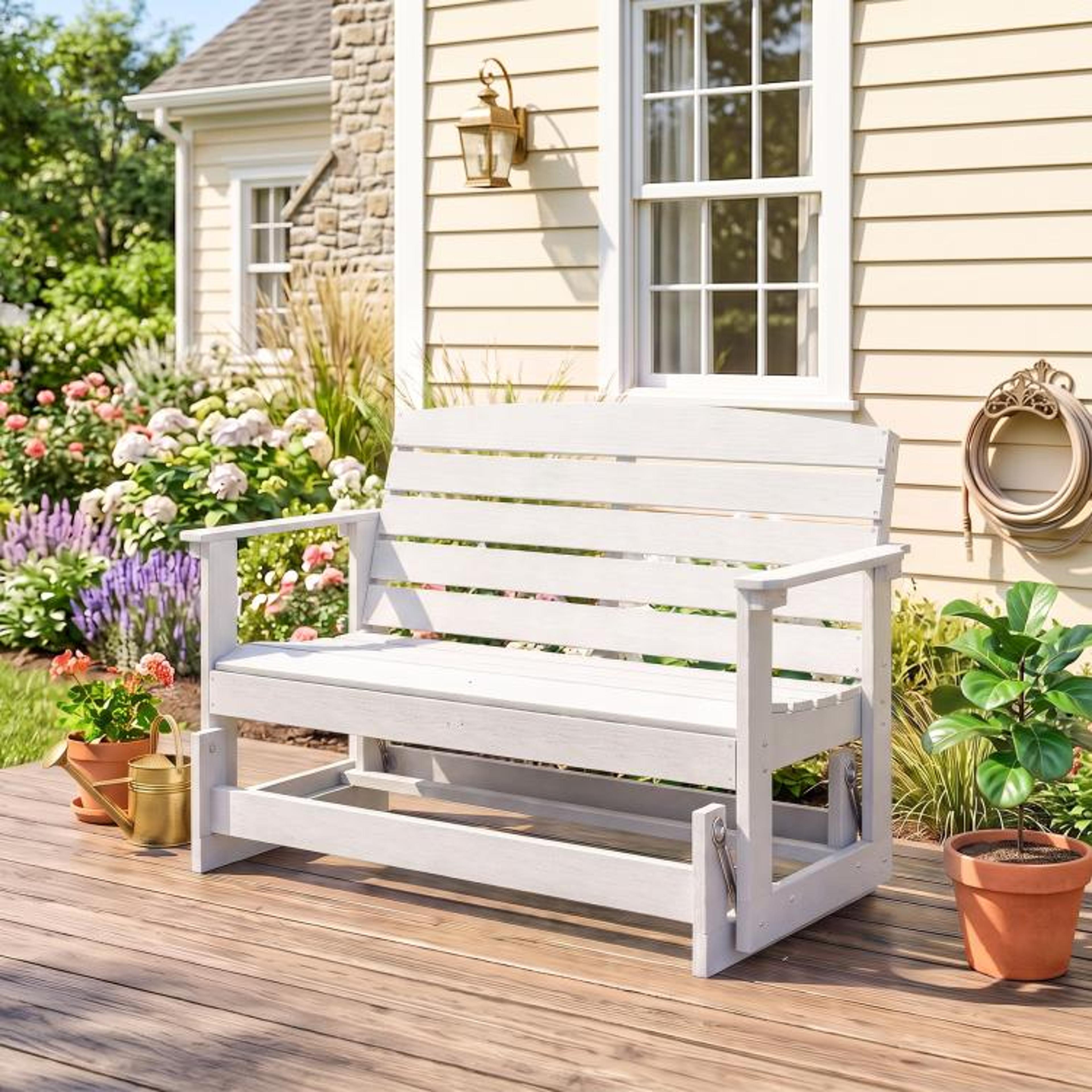 Outdoor Patio Glider Bench With HDPE Slatted Seat For Two  White 3