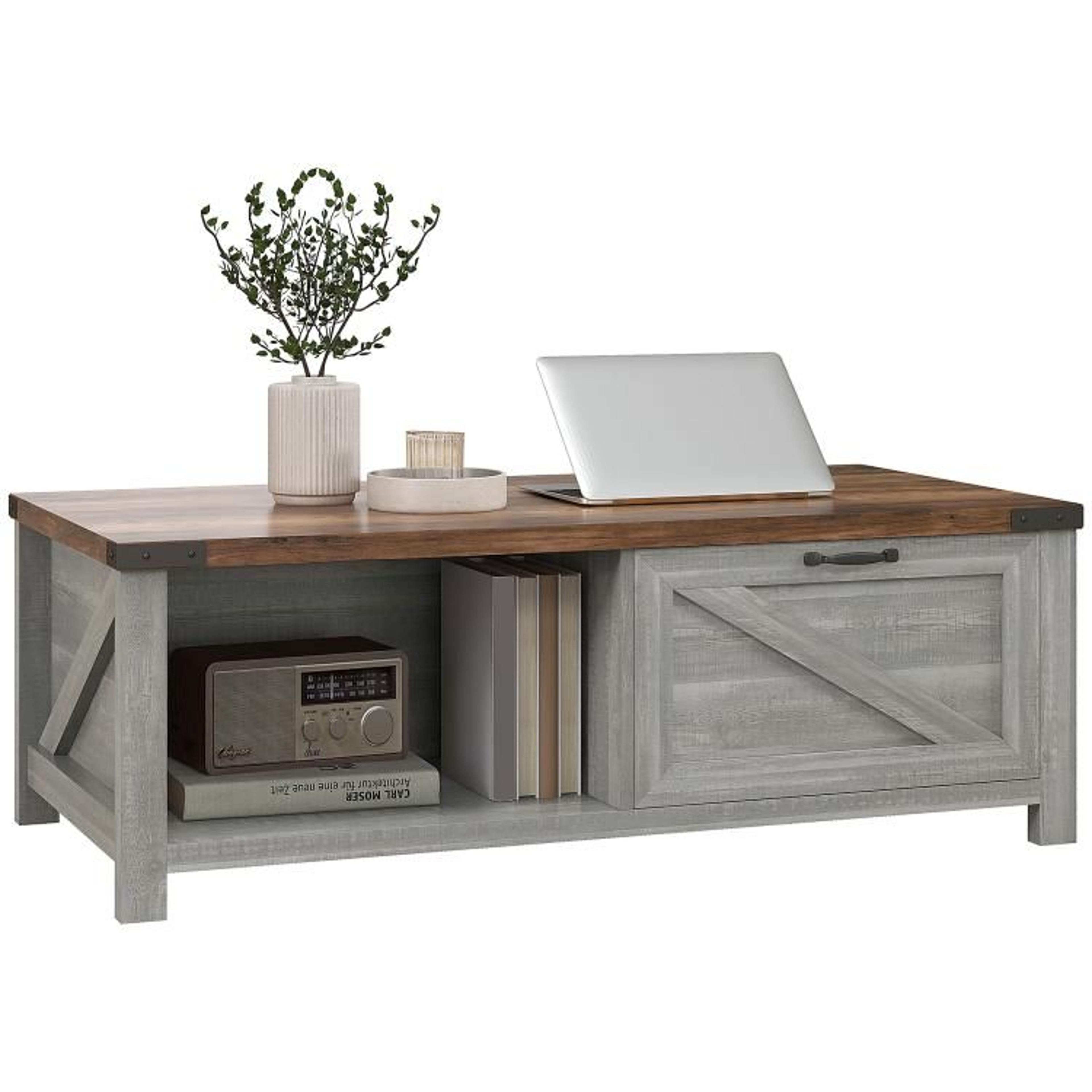 farmhouse coffee table with storage drawer and open shelves in distressed gray