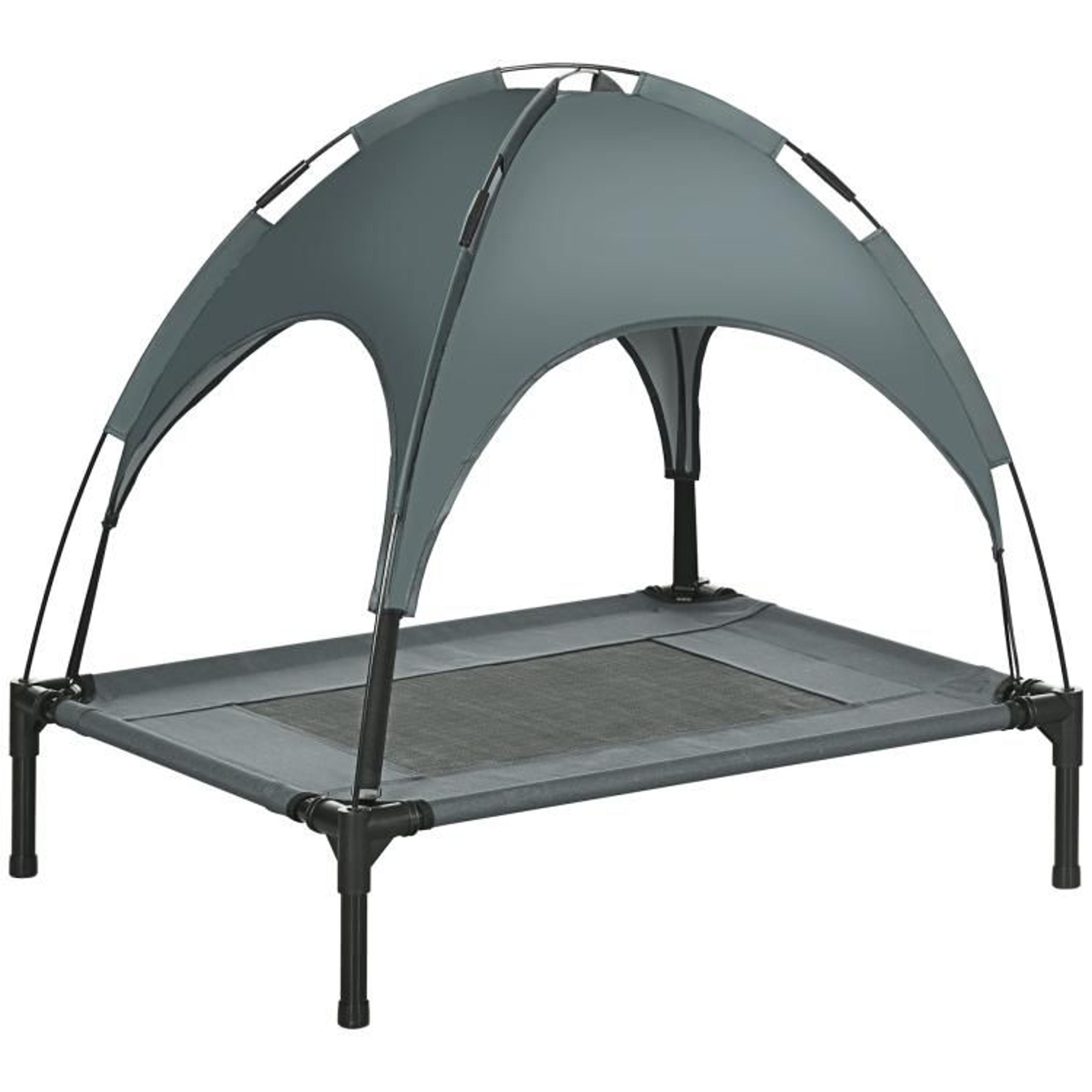elevated dog bed with removable shade canopy and breathable mesh gray