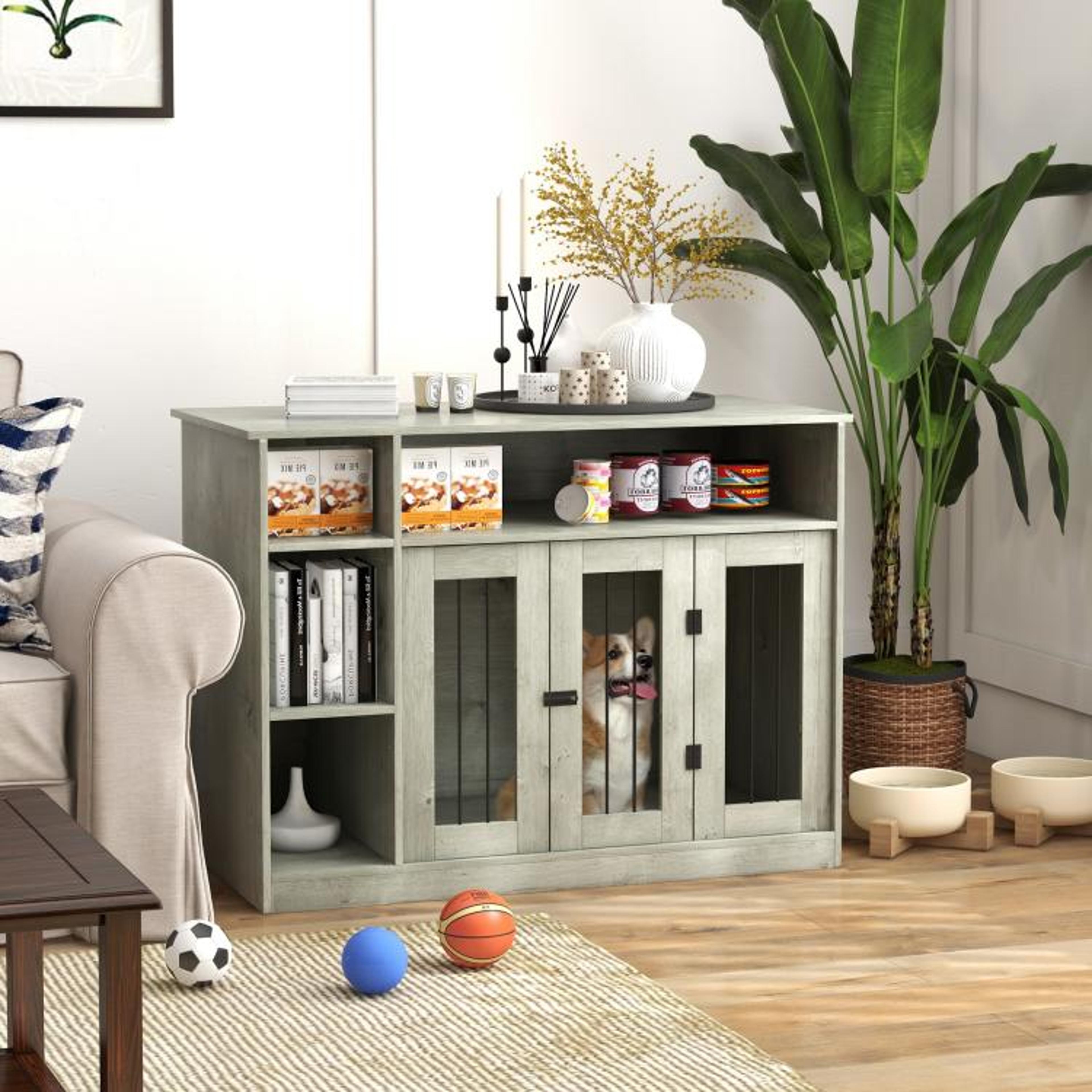 Dog Crate Furniture With Adjustable Storage Shelf In Gray 2