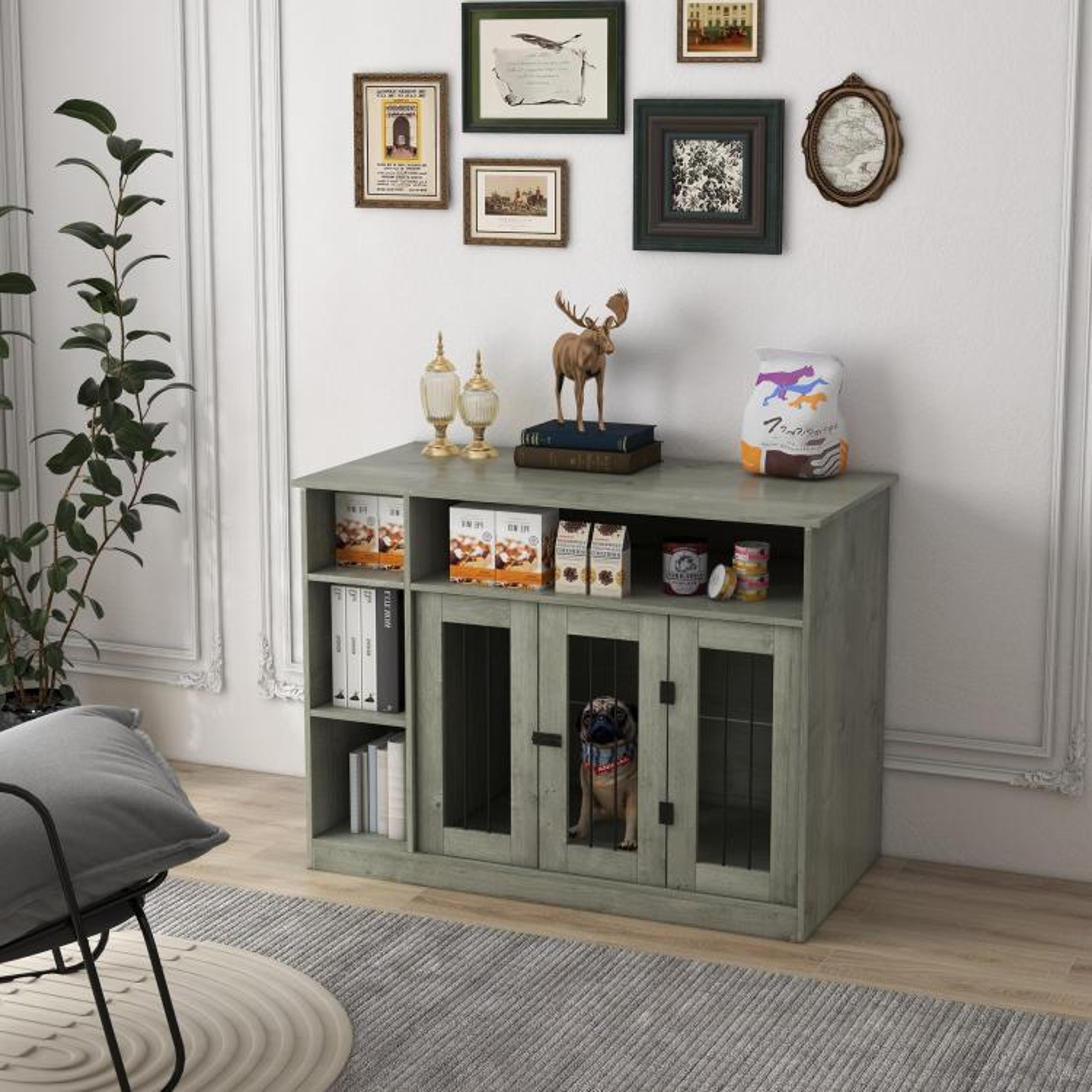 Dog Crate Furniture With Adjustable Storage Shelf In Gray 3