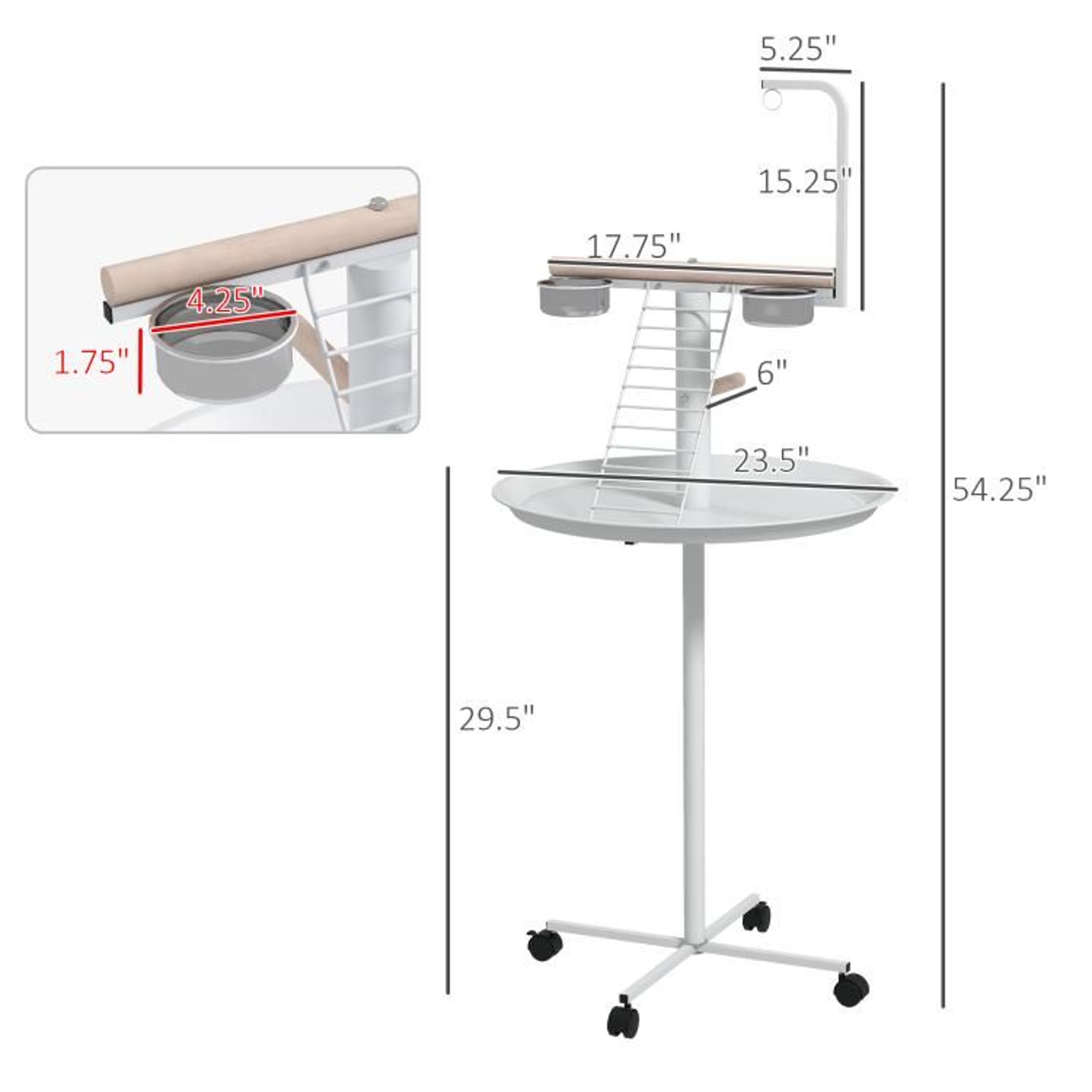 Rolling Parrot Stand With Wooden Perch Feeding Bowls And Round Tray 4