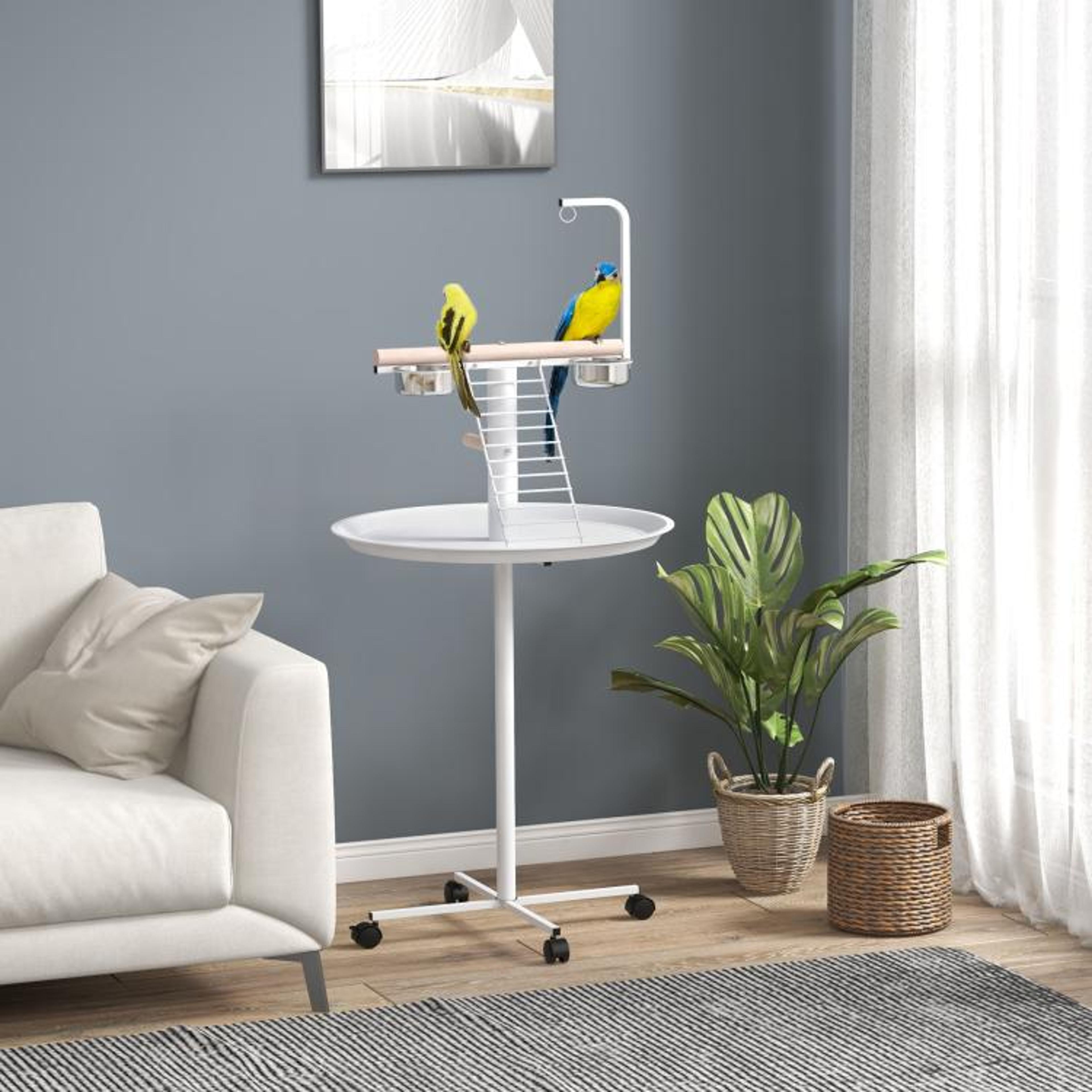 Rolling Parrot Stand With Wooden Perch Feeding Bowls And Round Tray 2