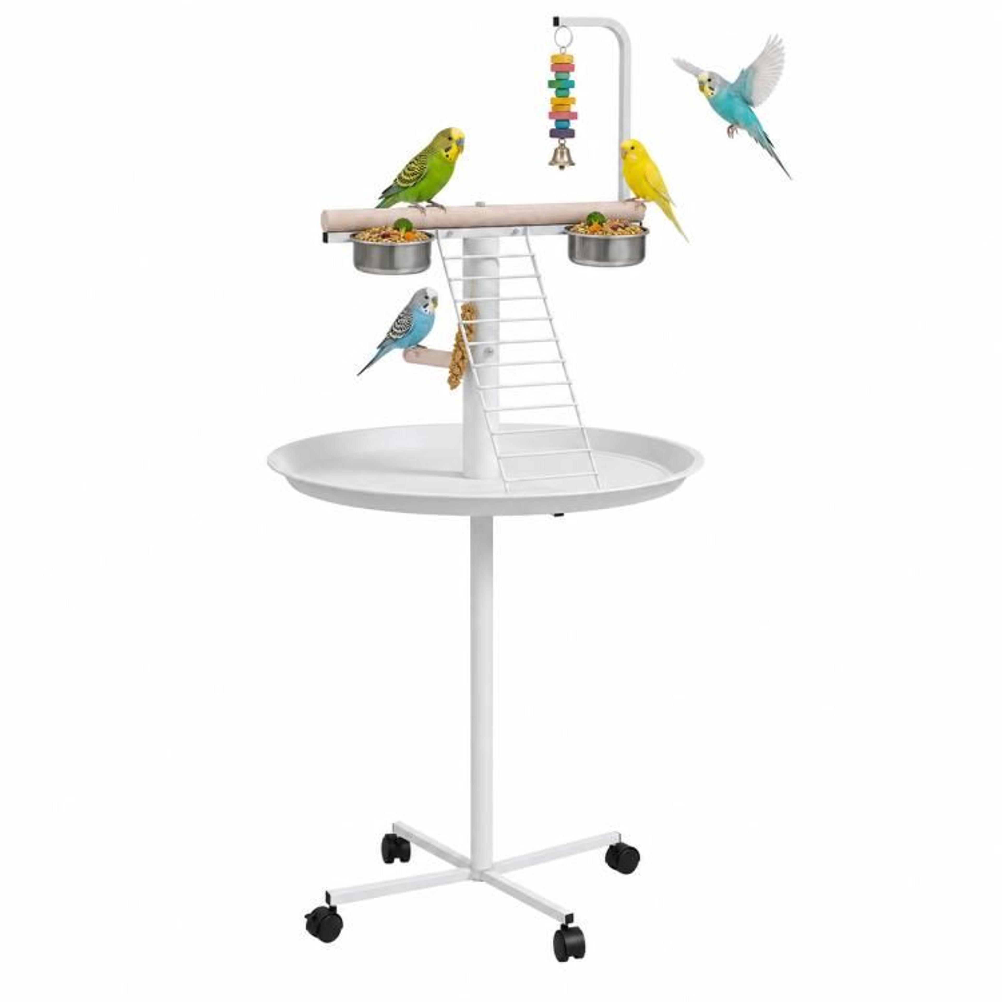 rolling parrot stand with wooden perch feeding bowls and round tray
