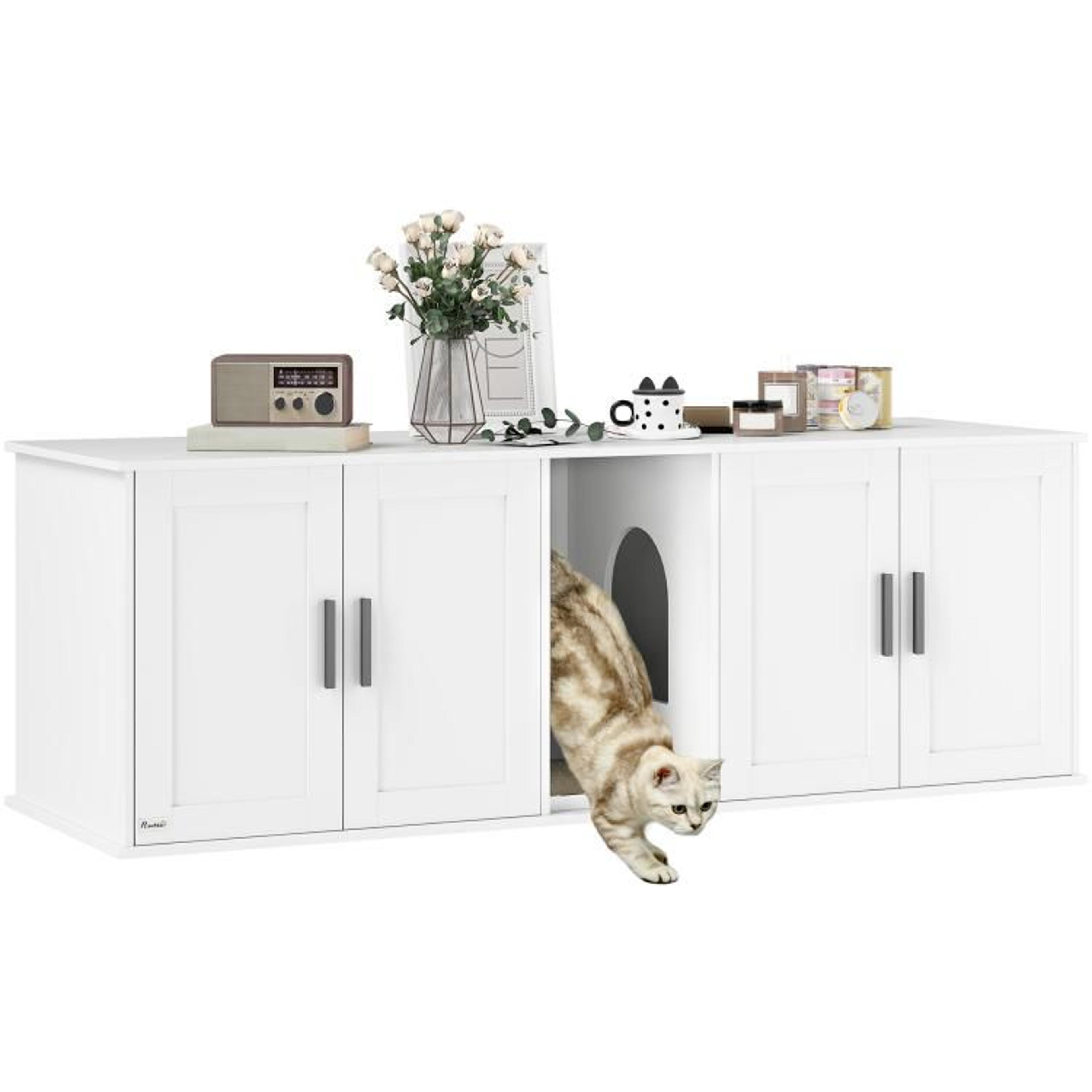 cat litter box enclosure for 2 cats with double compartments and scratching mat  white