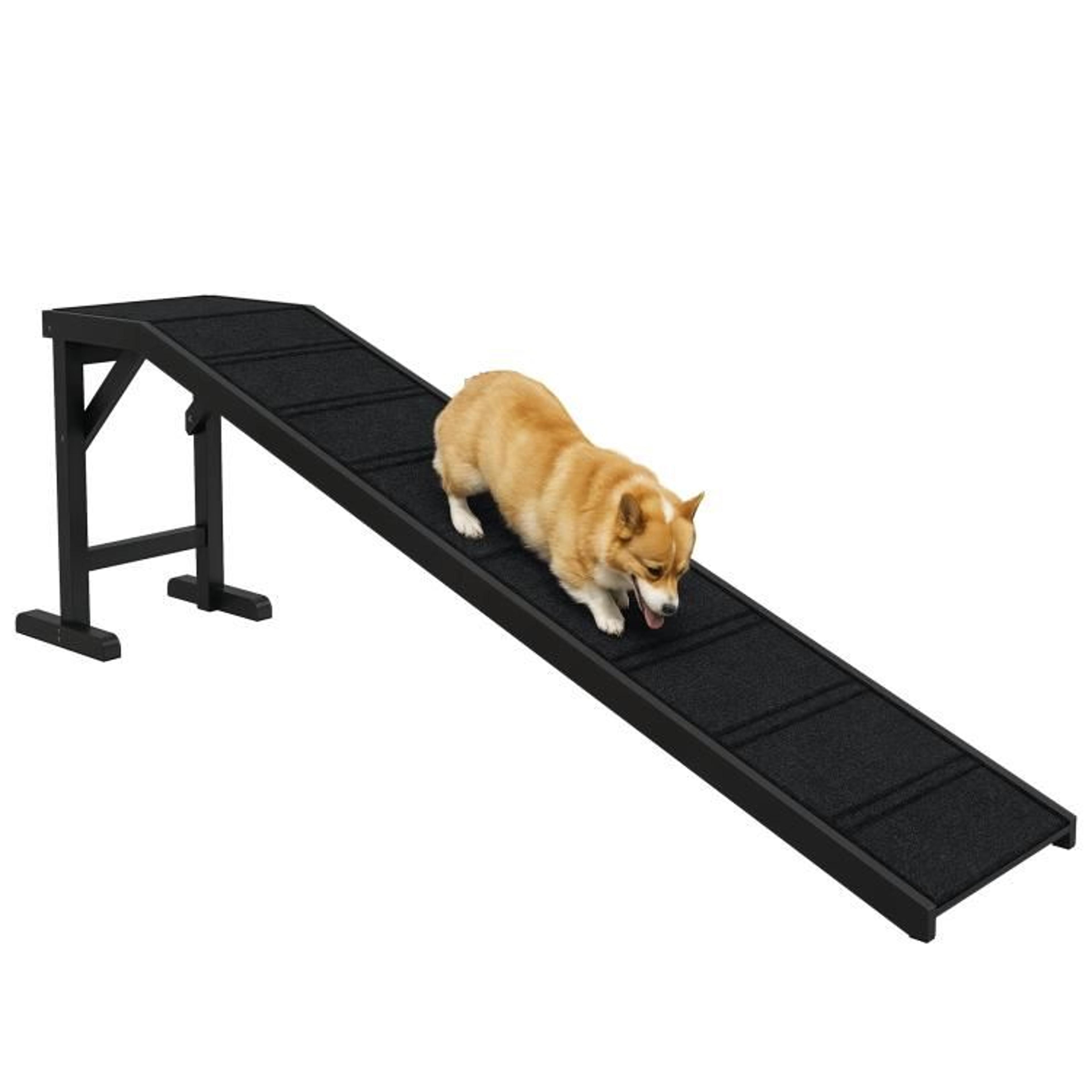 dog ramp with non-slip carpet and top platform 74-inch black wooden pet ramp