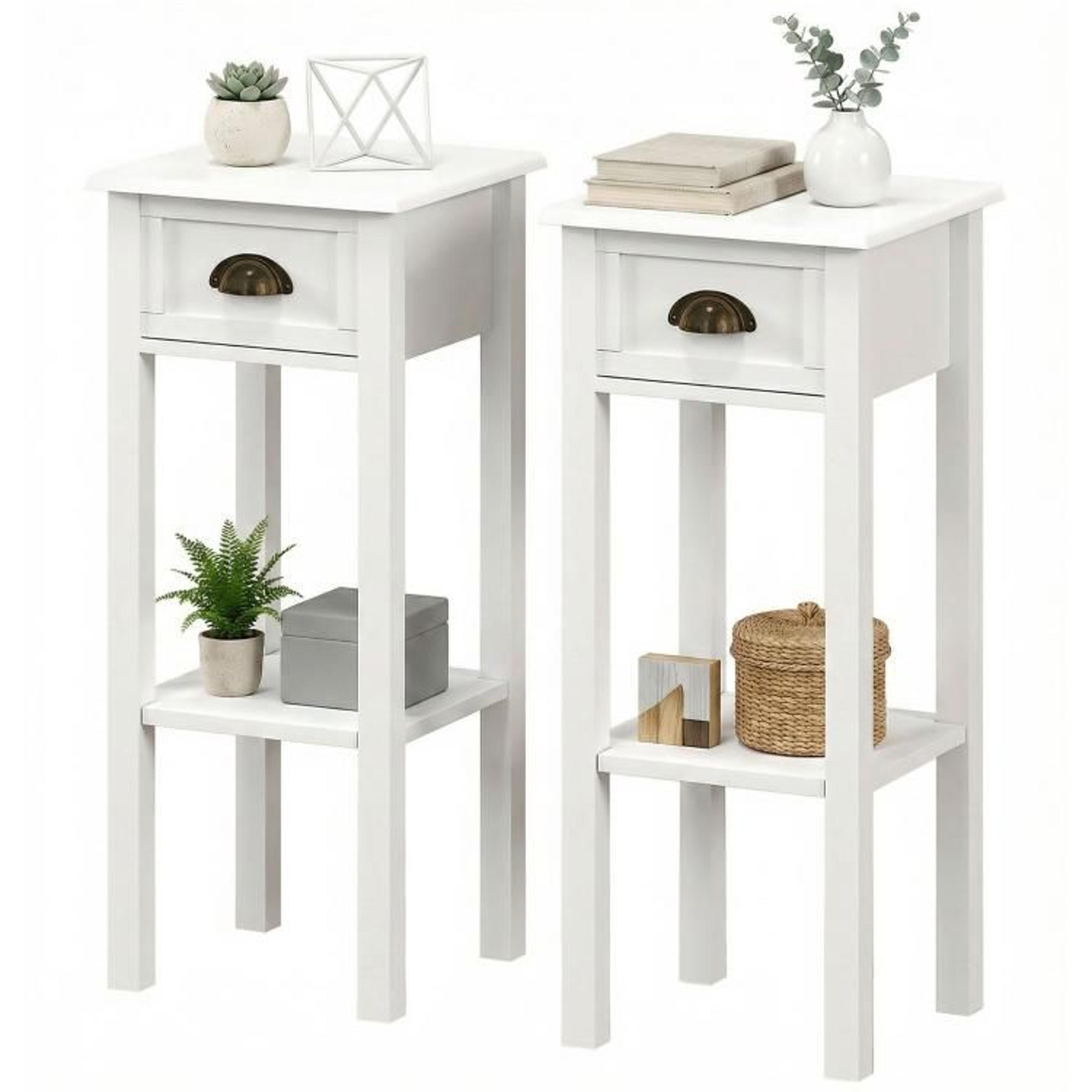White Narrow End Tables Set Of 2 With Drawers And Storage Shelves 1