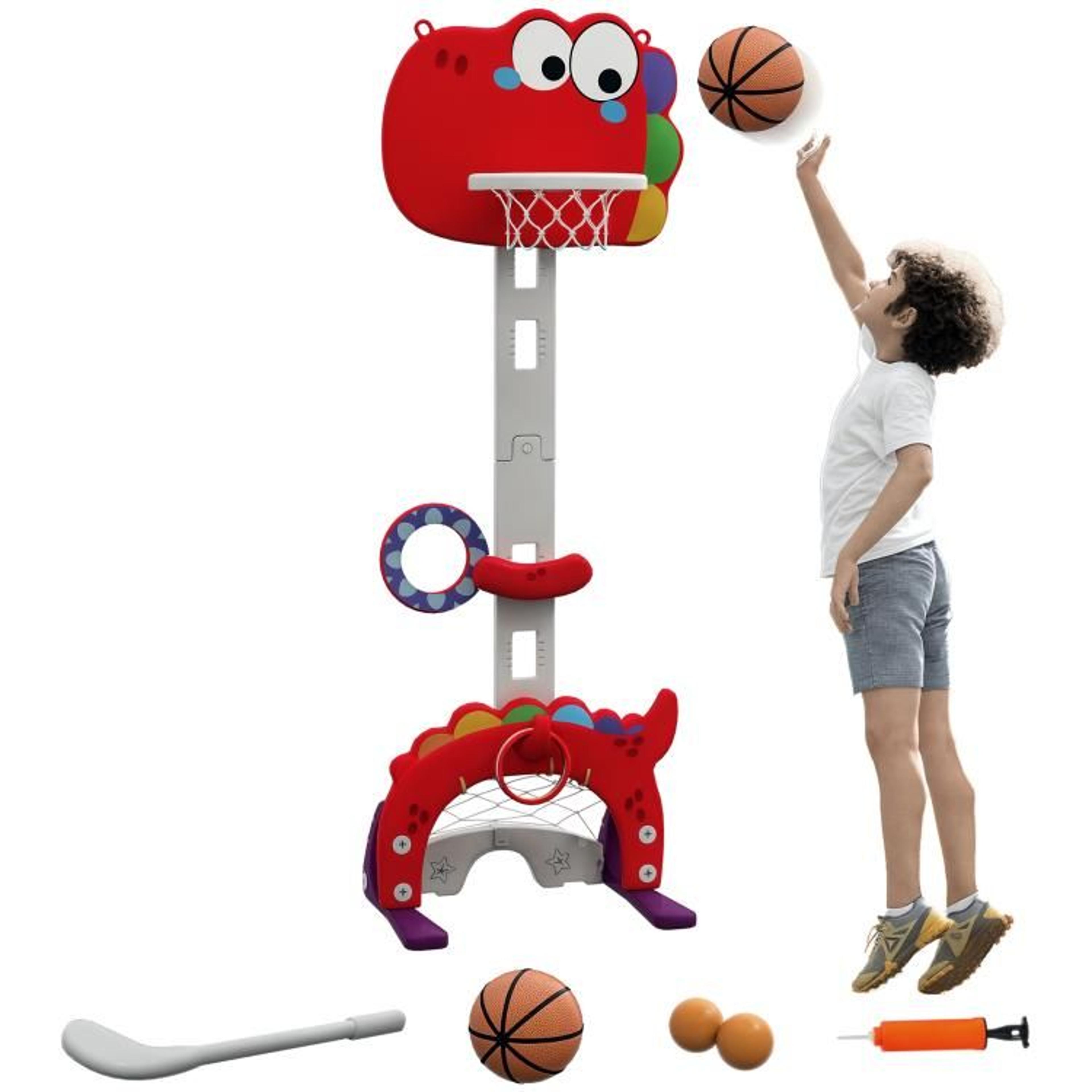 kids adjustable basketball hoop with 5-in-1 sports games and dinosaur design