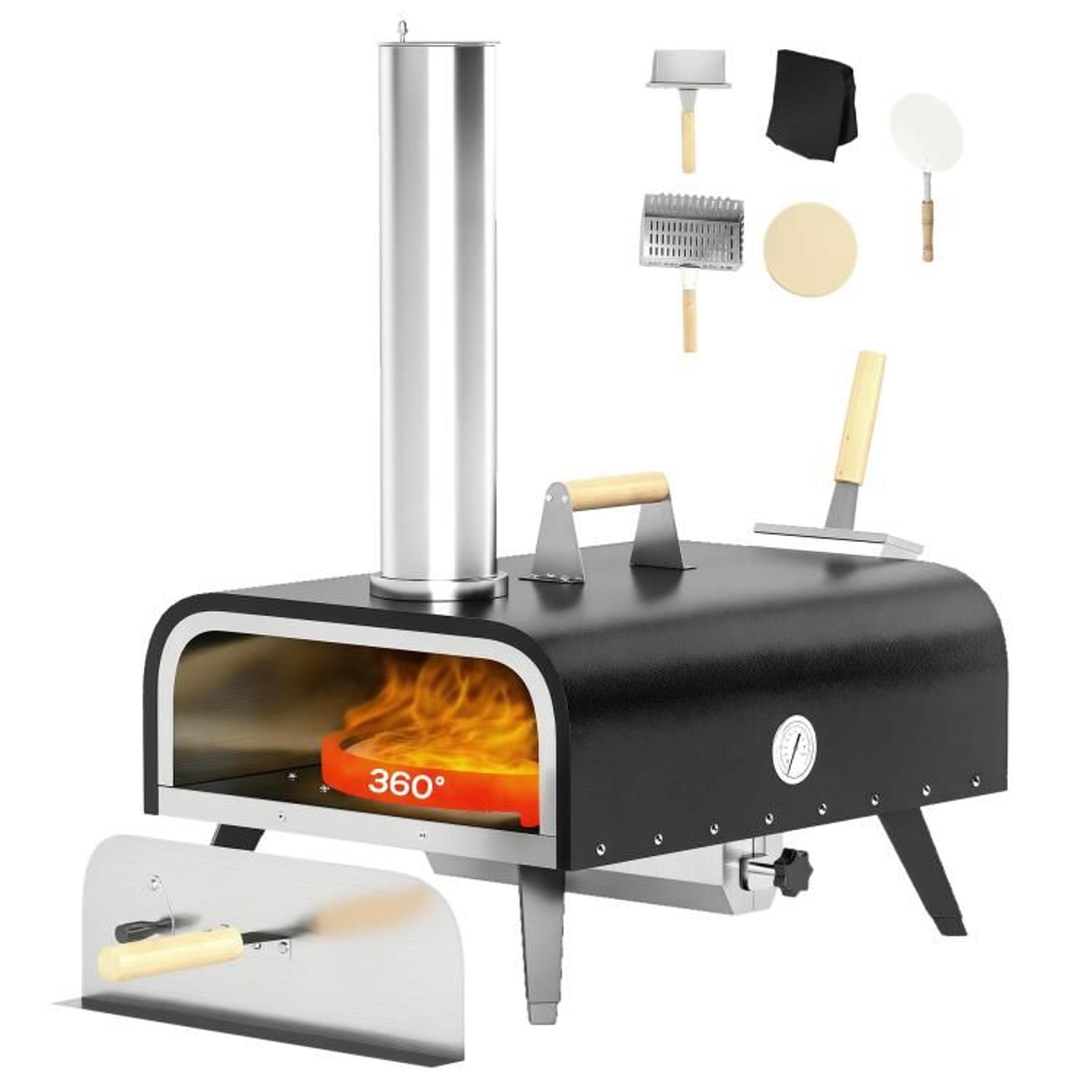 outdoor wood-fired pizza oven with 12-inch rotating stone and waterproof cover