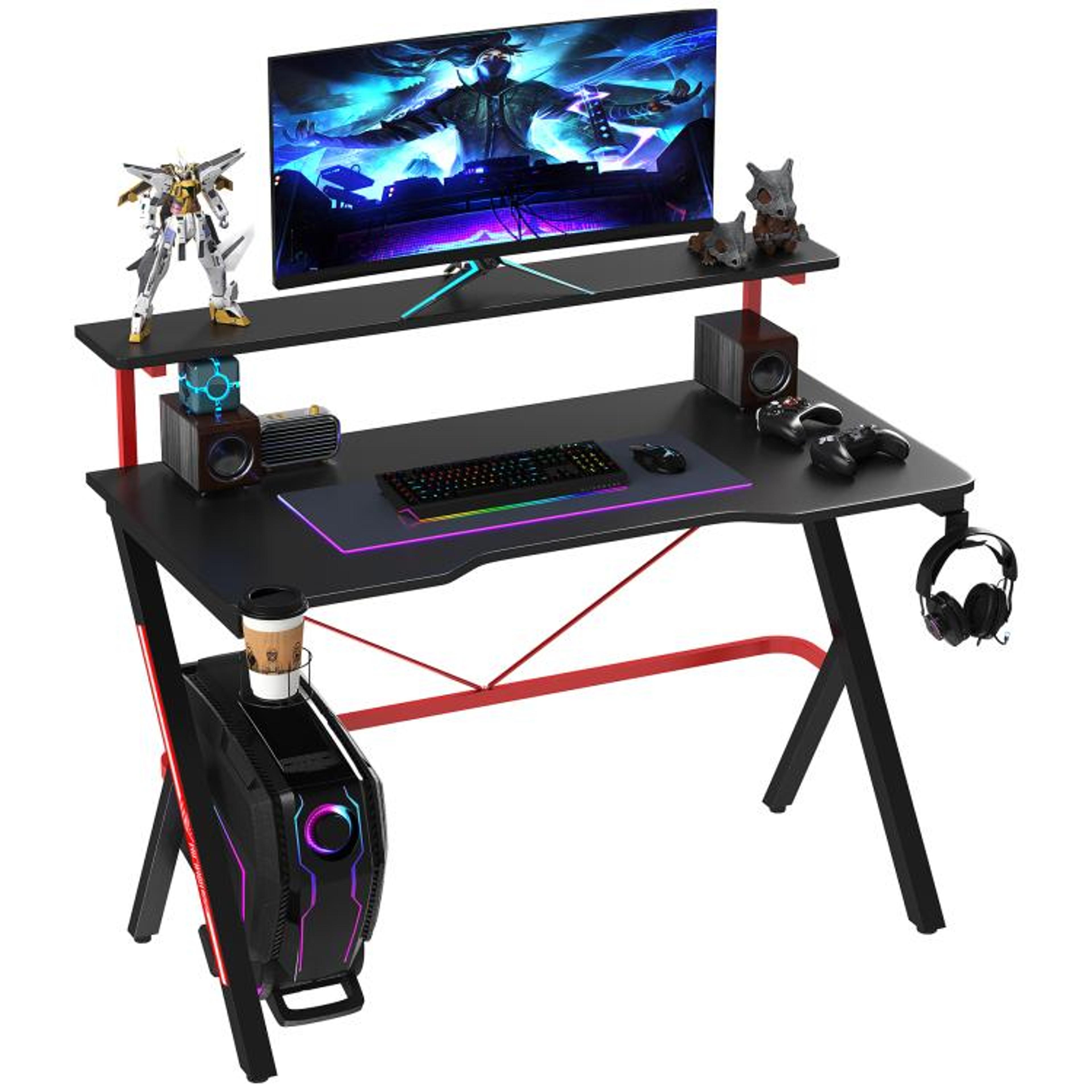 gaming desk with monitor shelf and cup holder  black