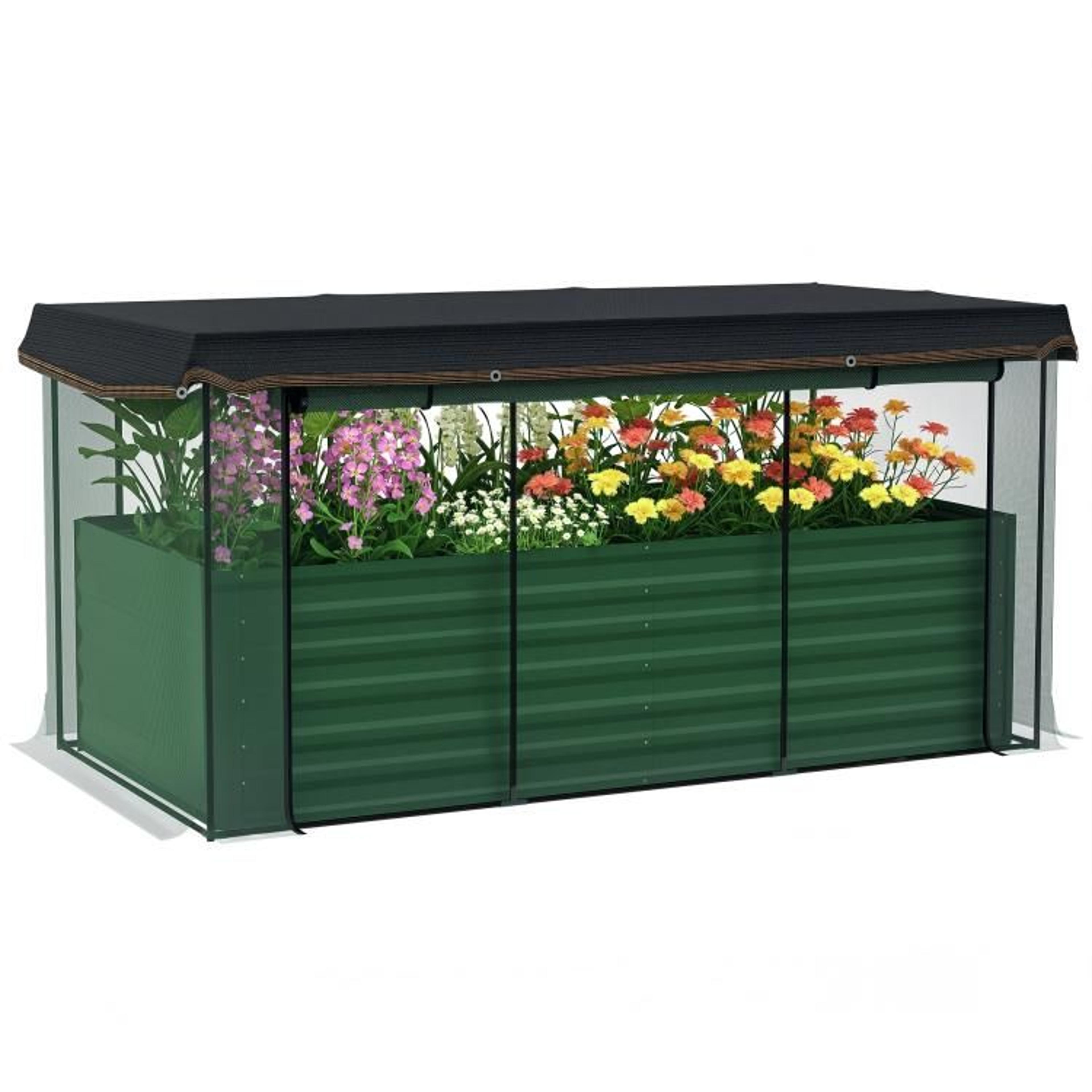 galvanized steel raised garden bed with crop cage and 60% shade cloth