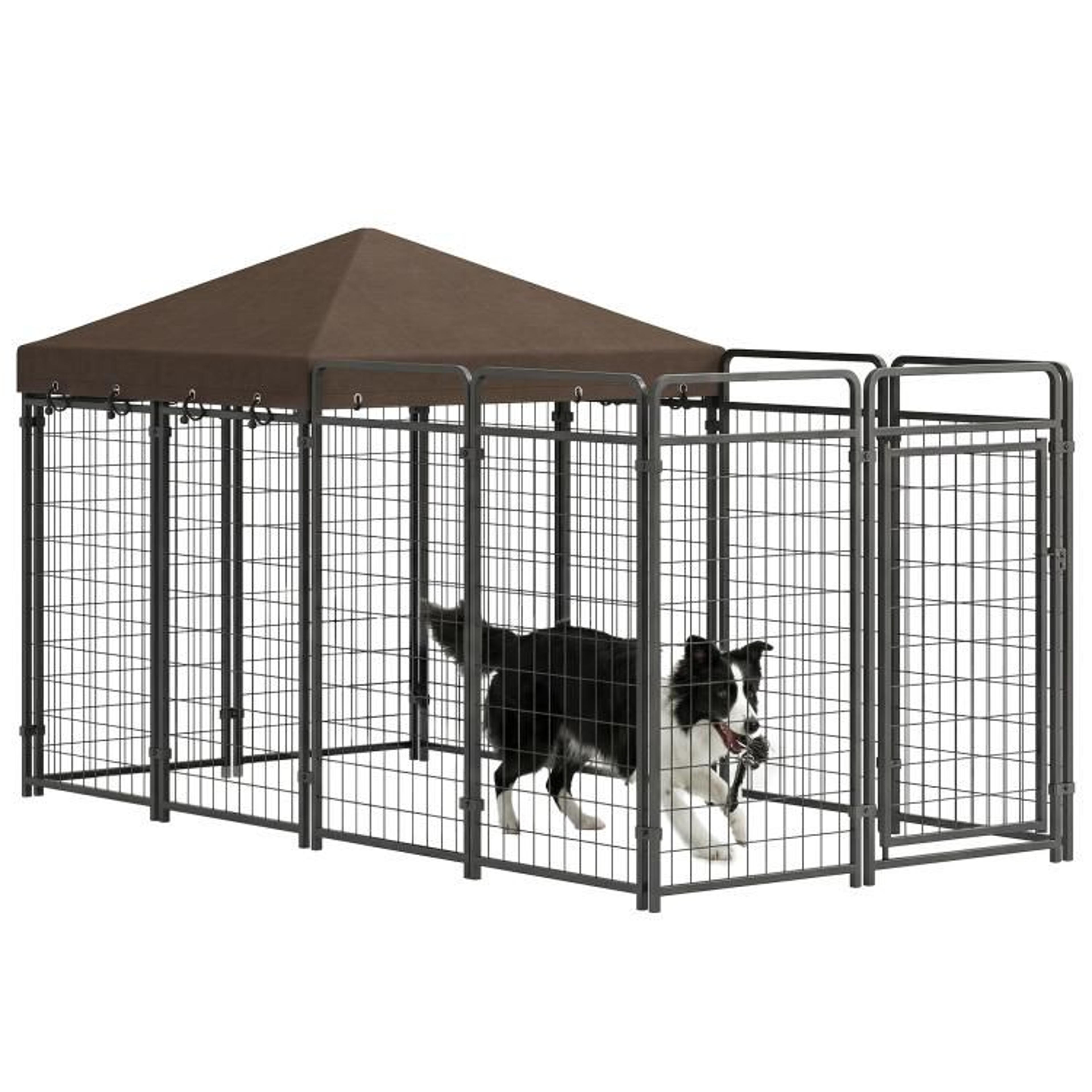 outdoor dog kennel with waterproof canopy and heavy-duty steel panels
