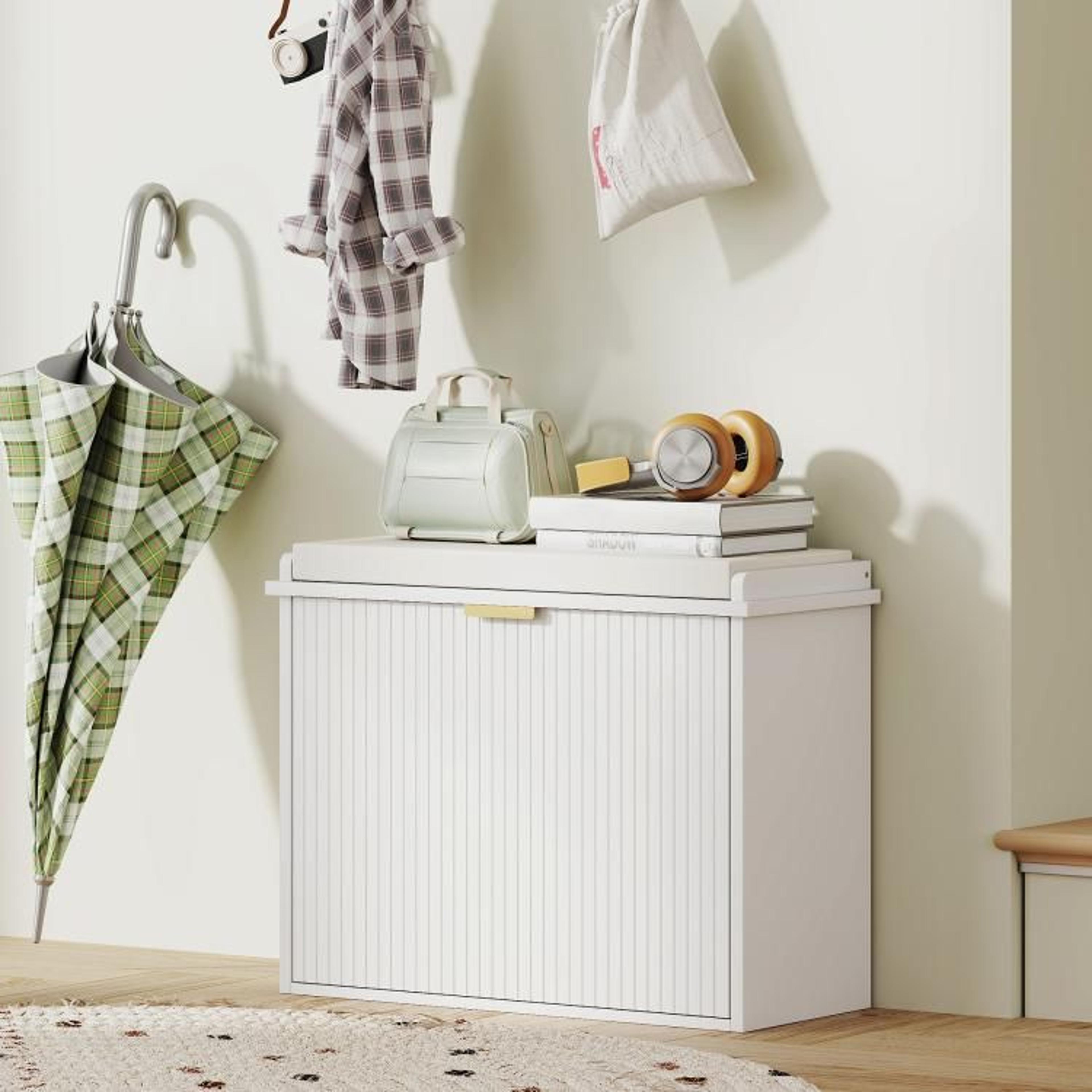 Shoe Storage Bench With Padded Seat And Flip Drawer  White 3