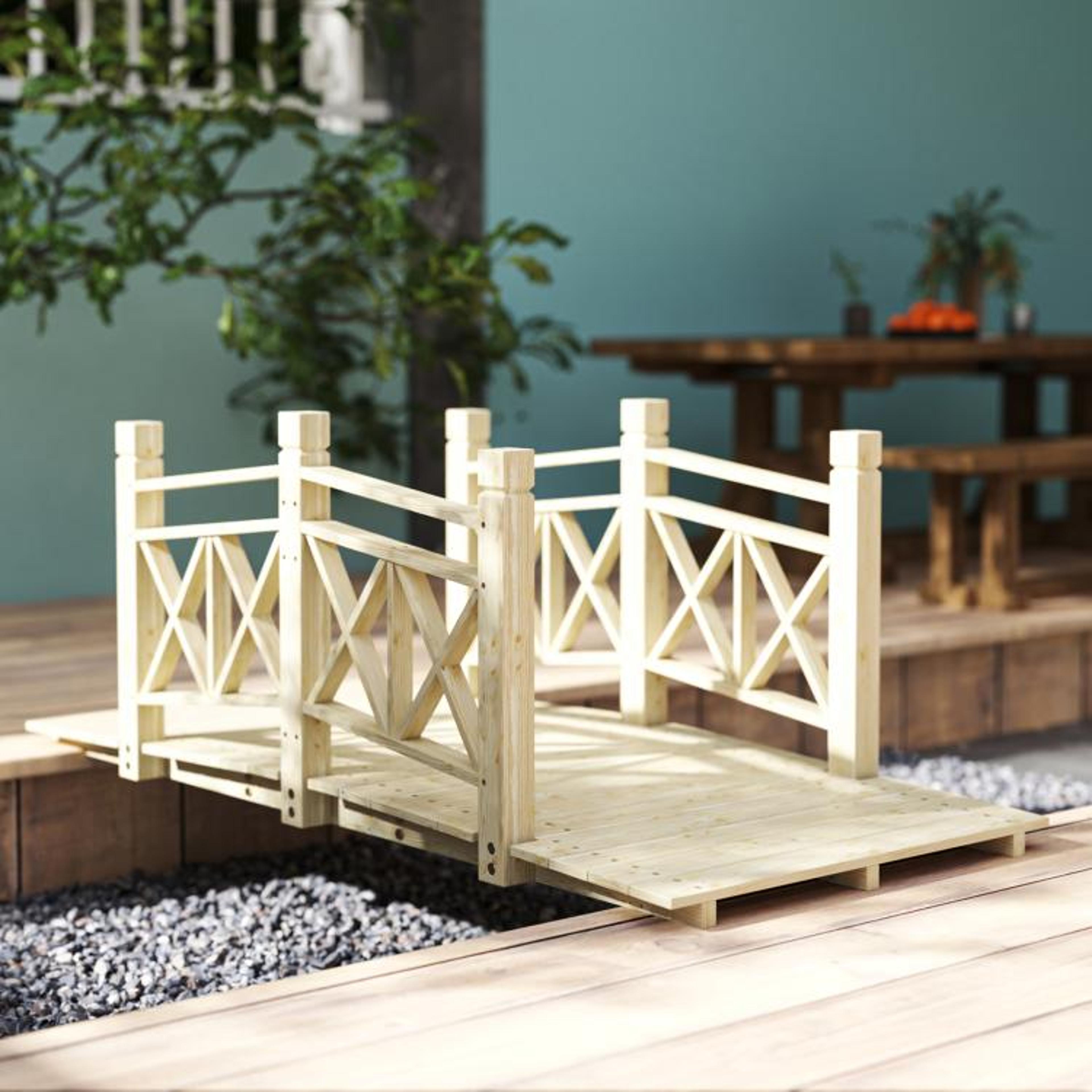 5 Ft Wooden Garden Bridge With Handrails For Backyard Ponds And Walkways 3