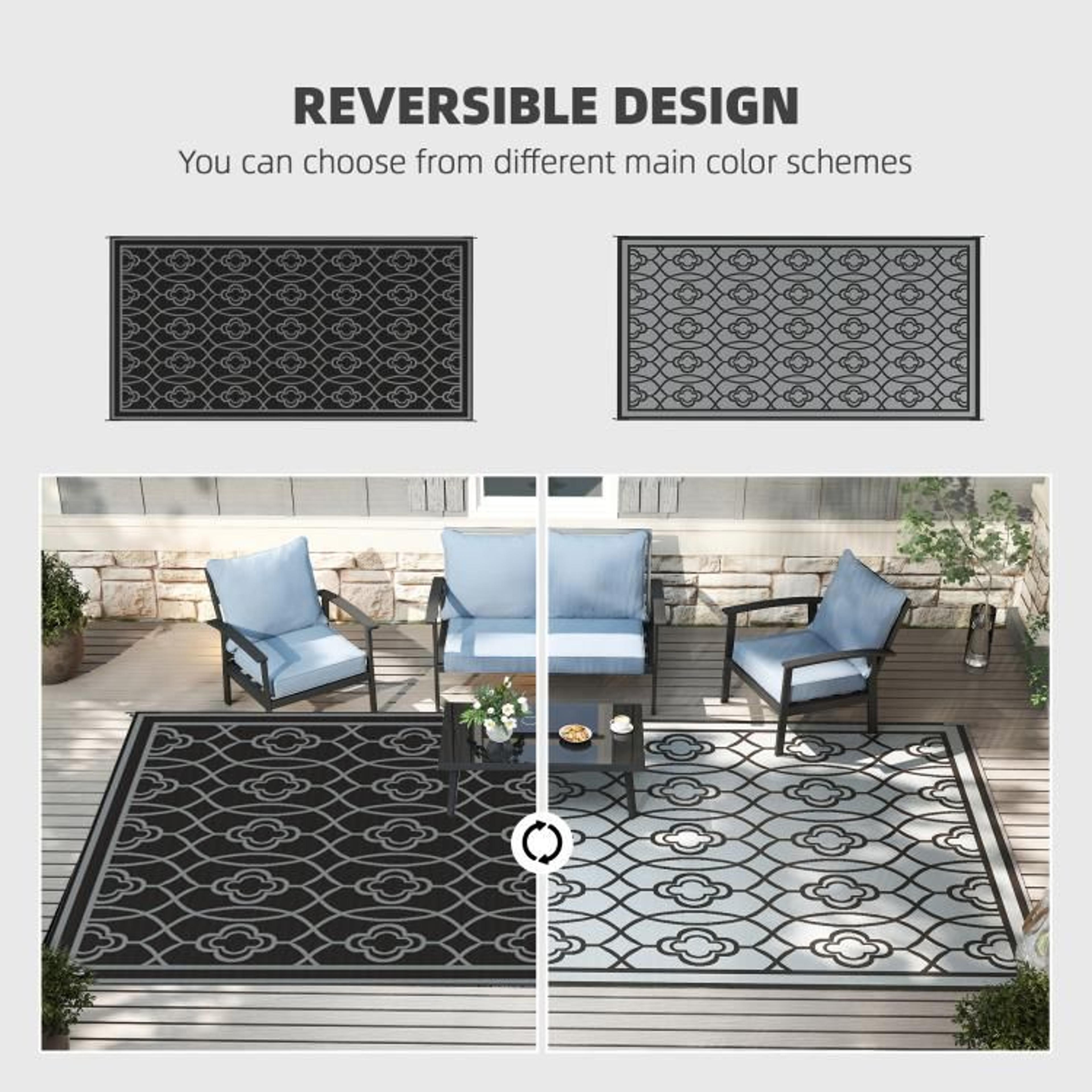Reversible Outdoor Patio Rug 9 X 18 Waterproof Black  Gray Lantern Design 6