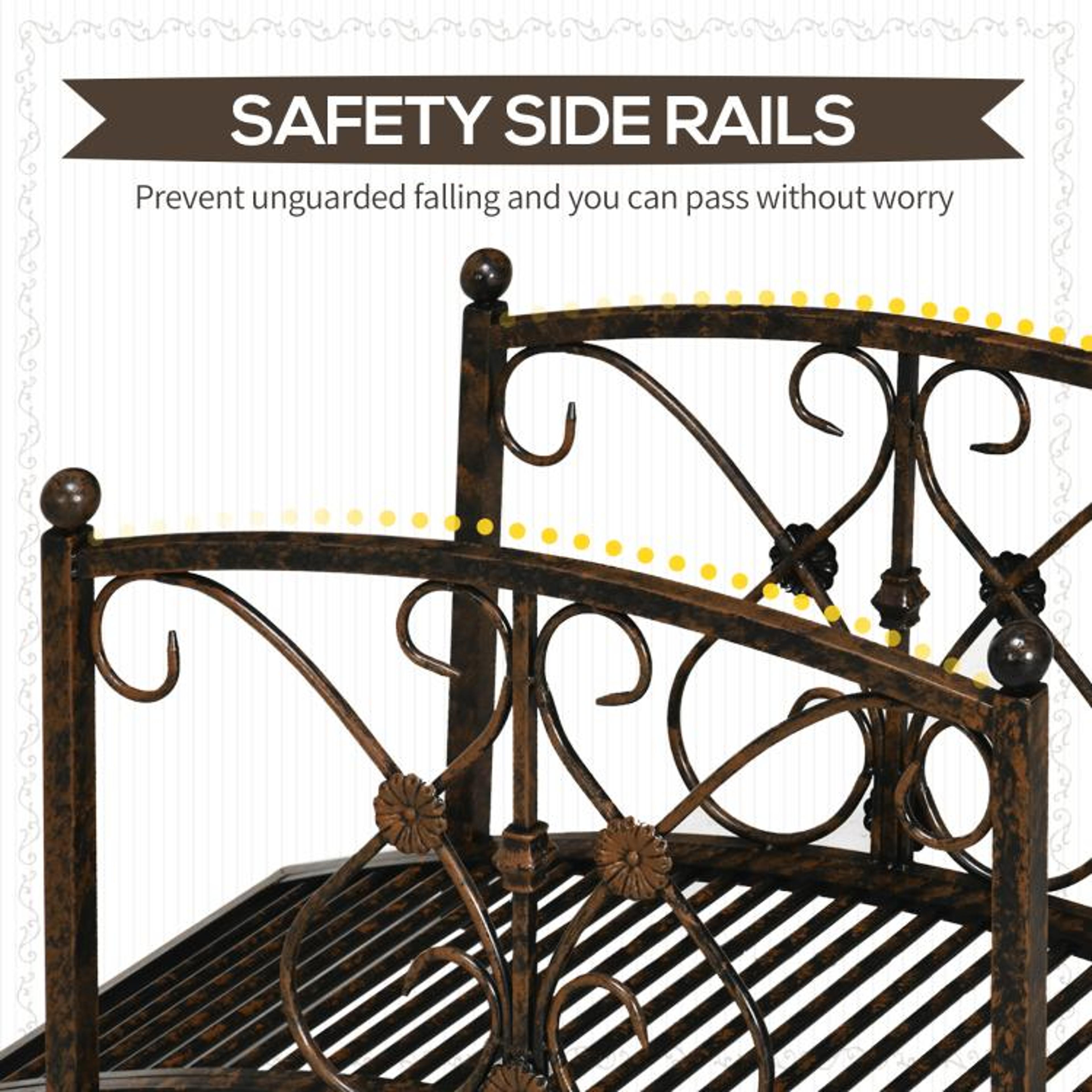 33 Ft Decorative Metal Garden Bridge With Arched Design And Safety Railings 5