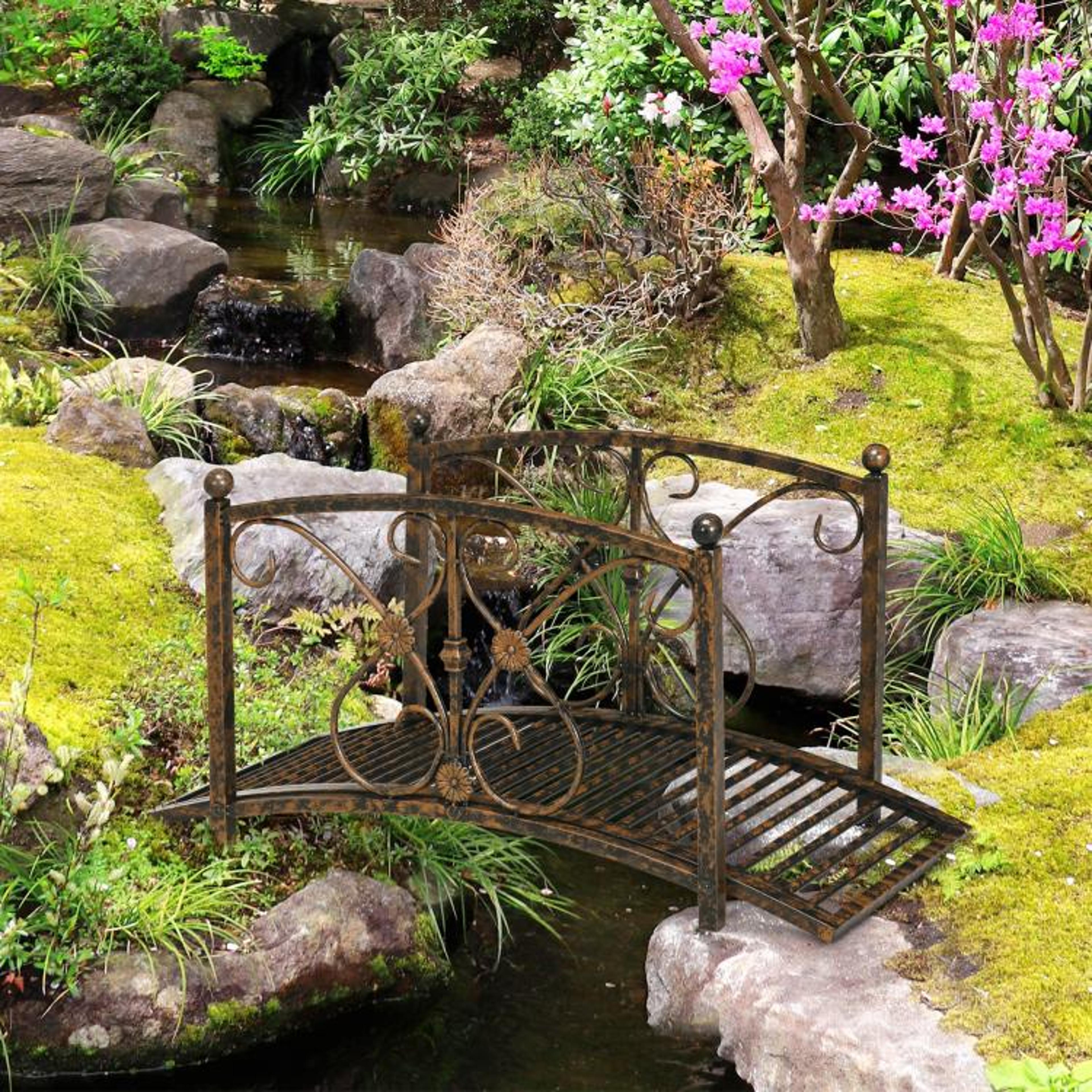 33 Ft Decorative Metal Garden Bridge With Arched Design And Safety Railings 2