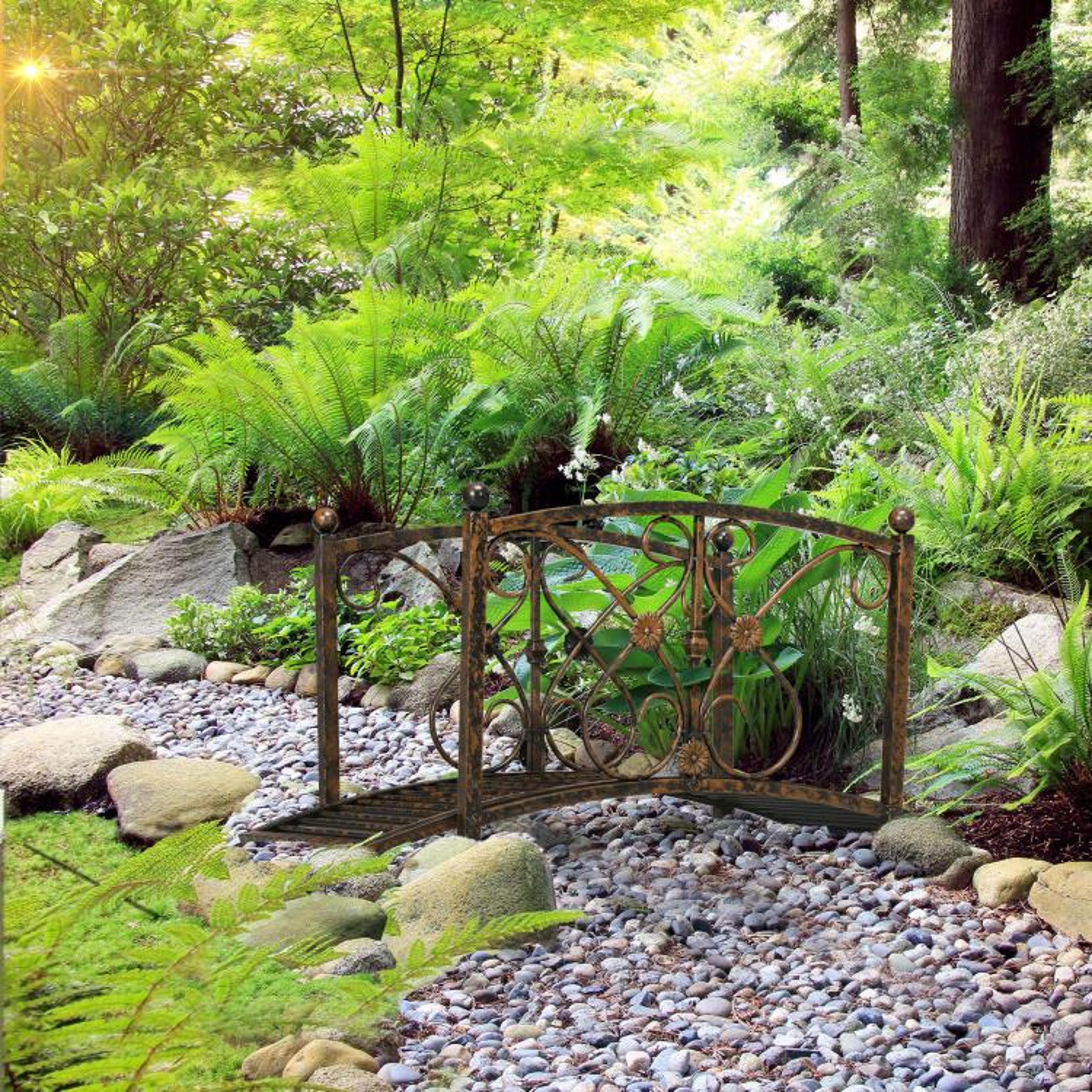 33 Ft Decorative Metal Garden Bridge With Arched Design And Safety Railings 3