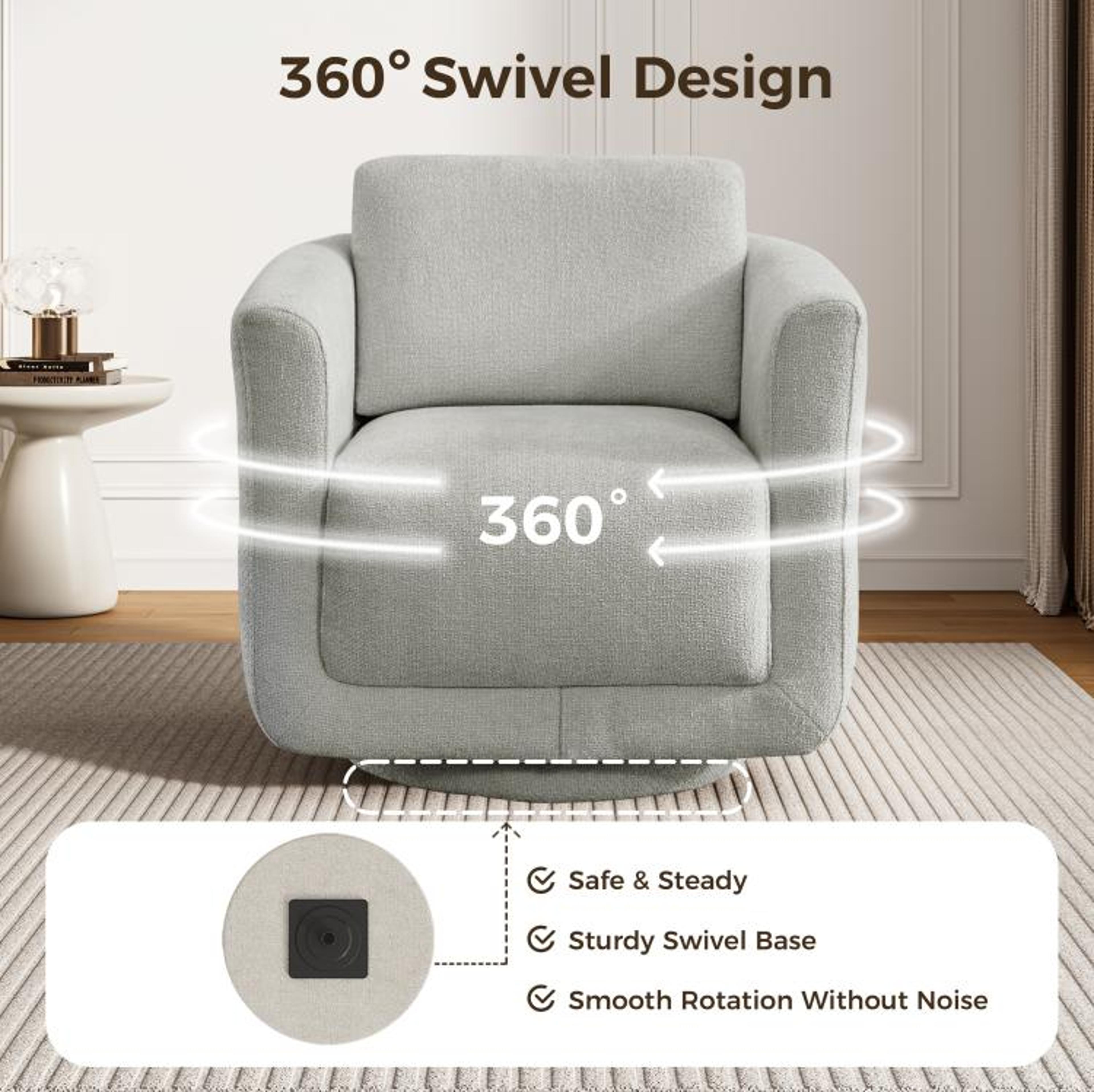33Inch Chenille 360 Swivel Barrel Chair In Gray  No Assembly Required 5