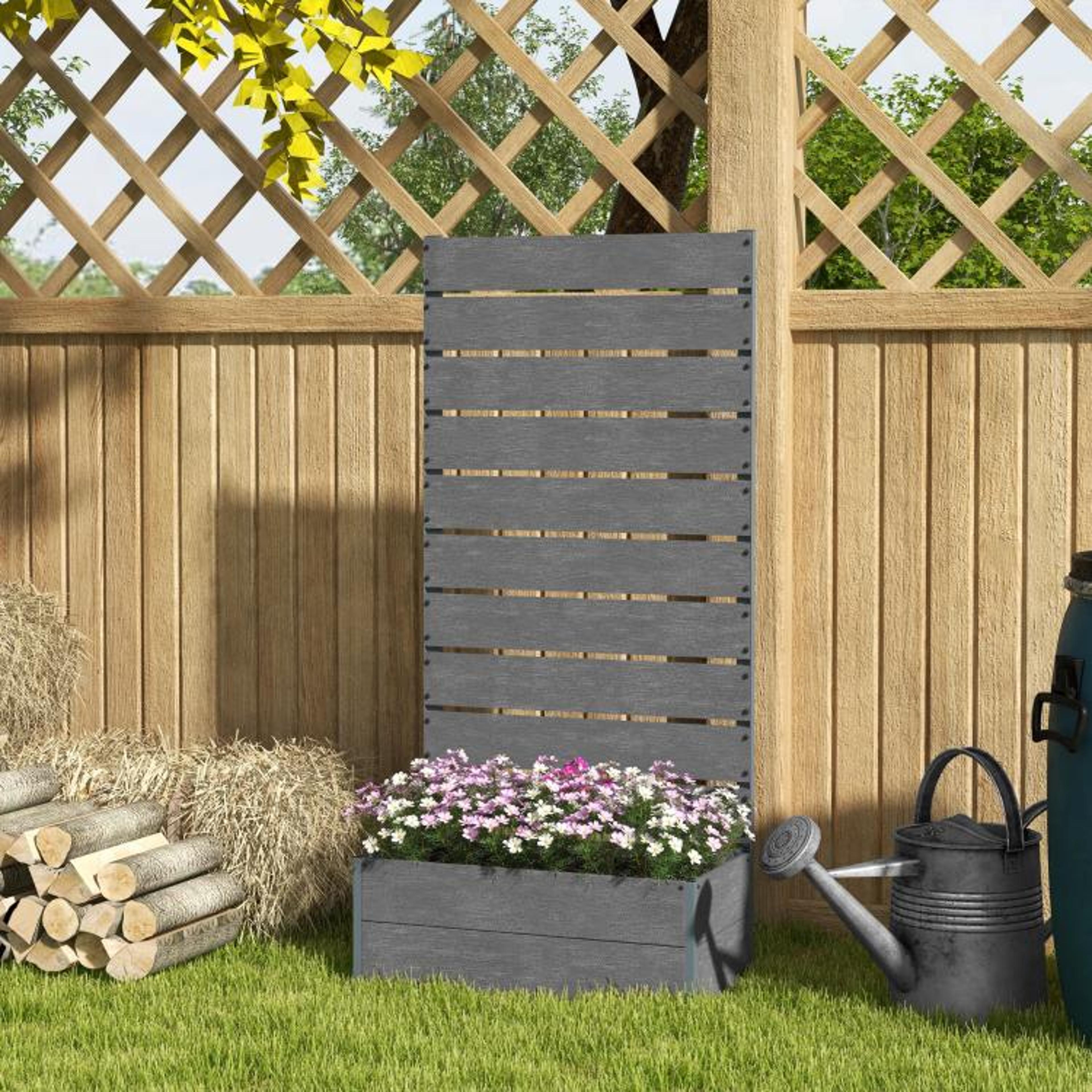 Raised Garden Bed With Trellis  Gray Outdoor Planter Box For Climbing Plants 3