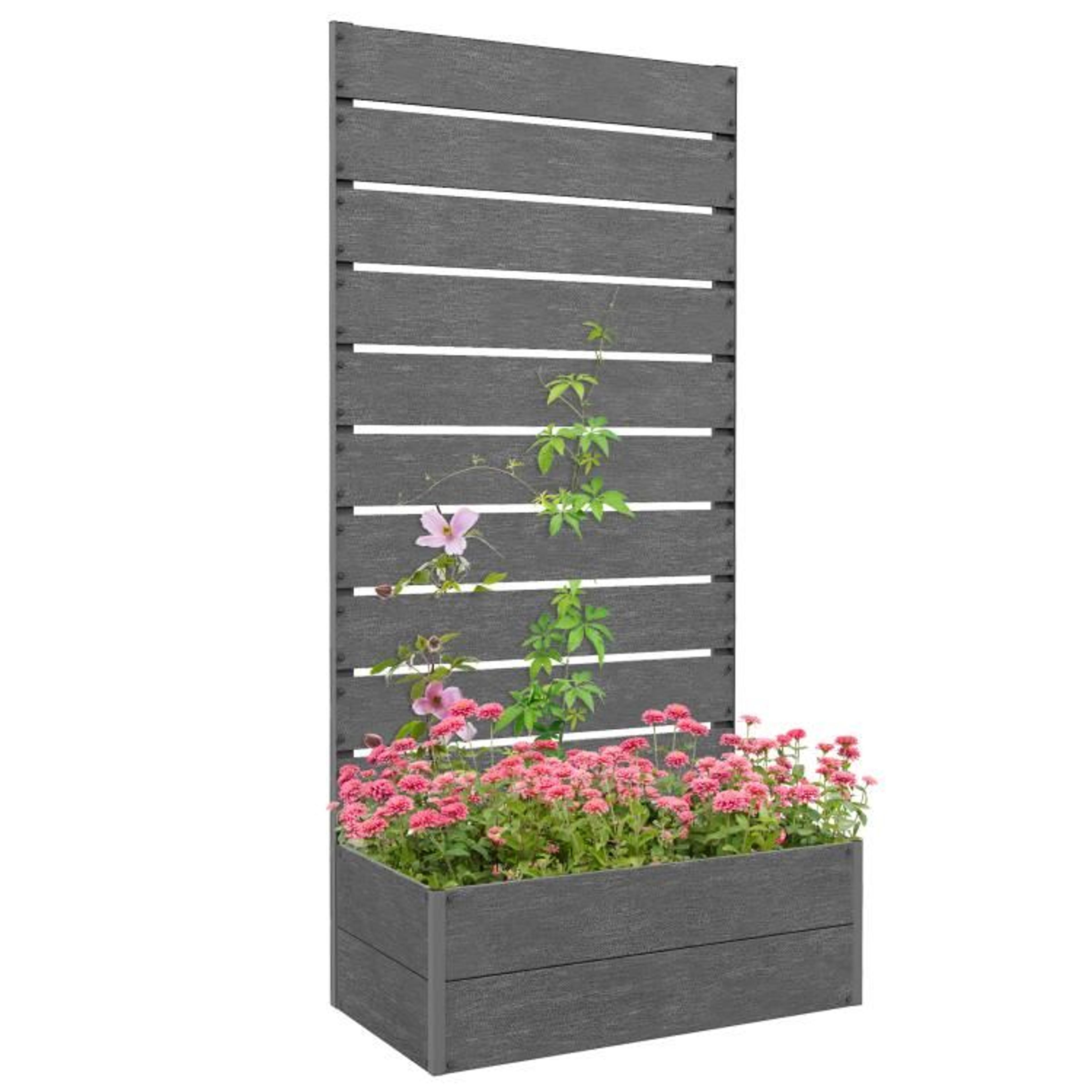 raised garden bed with trellis  gray outdoor planter box for climbing plants