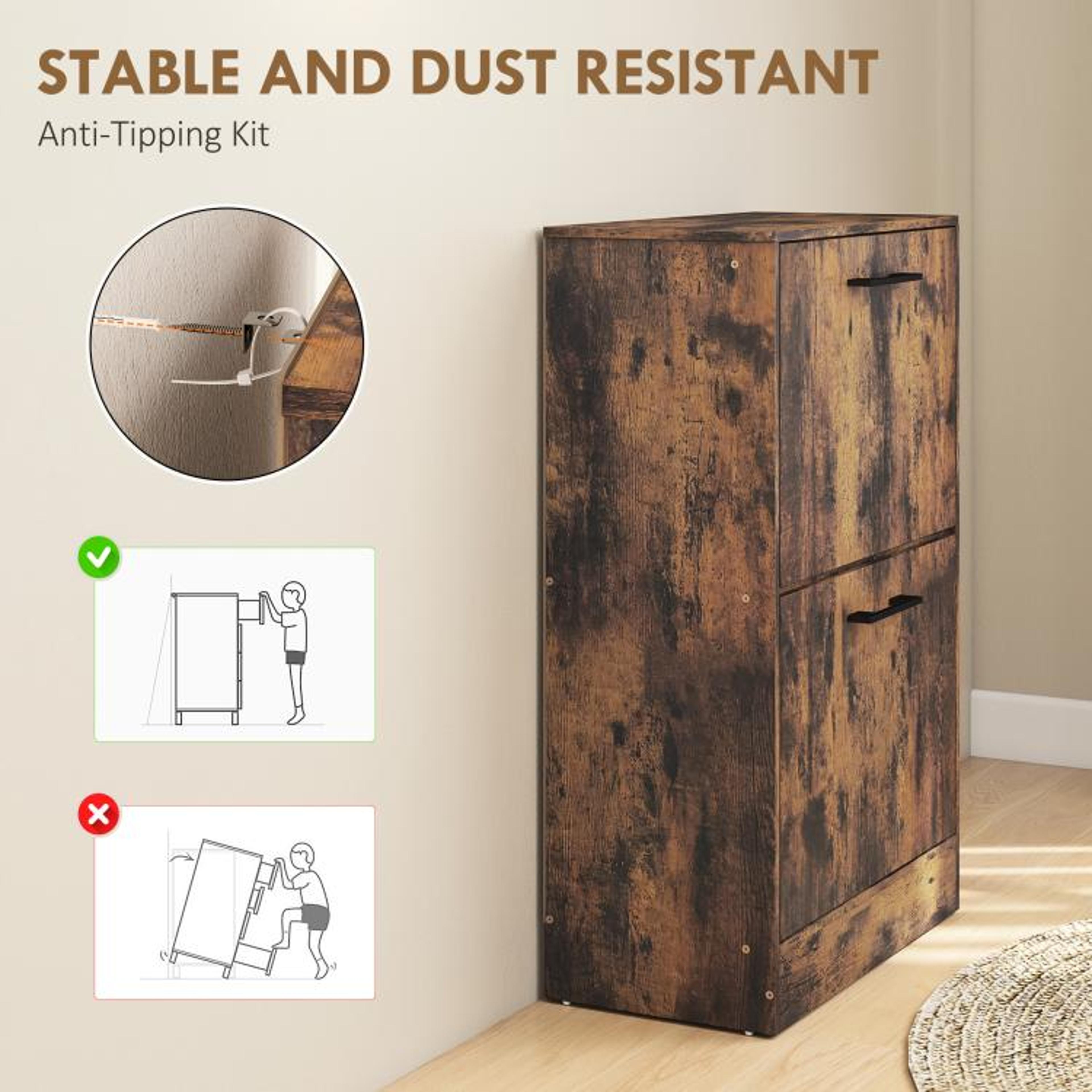 Slim Shoe Cabinet With 2 Flip Drawers And Adjustable Dividers  Rustic Brown 5