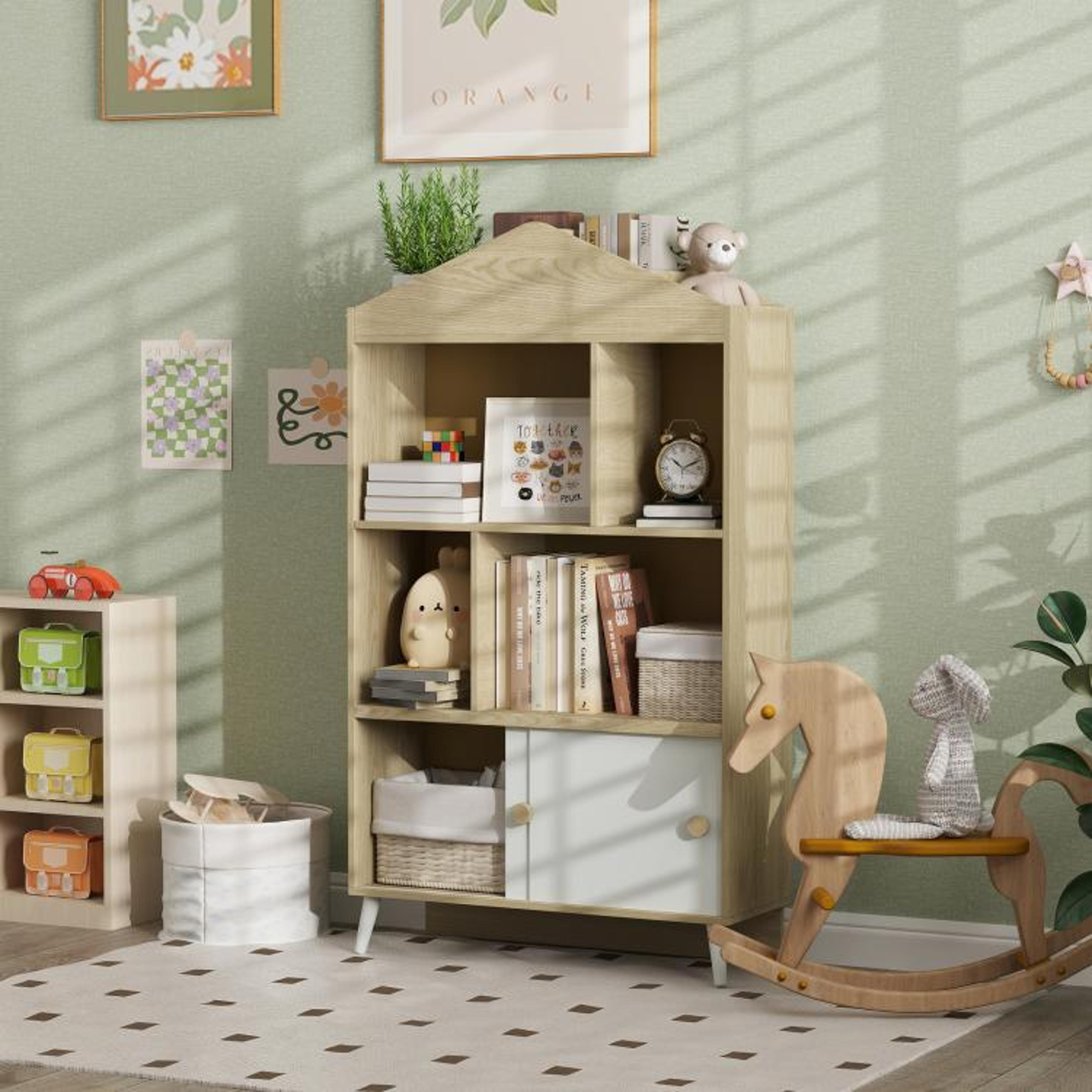 Montessori Kids Bookshelf And Toy Storage Cabinet With Sliding Door 3