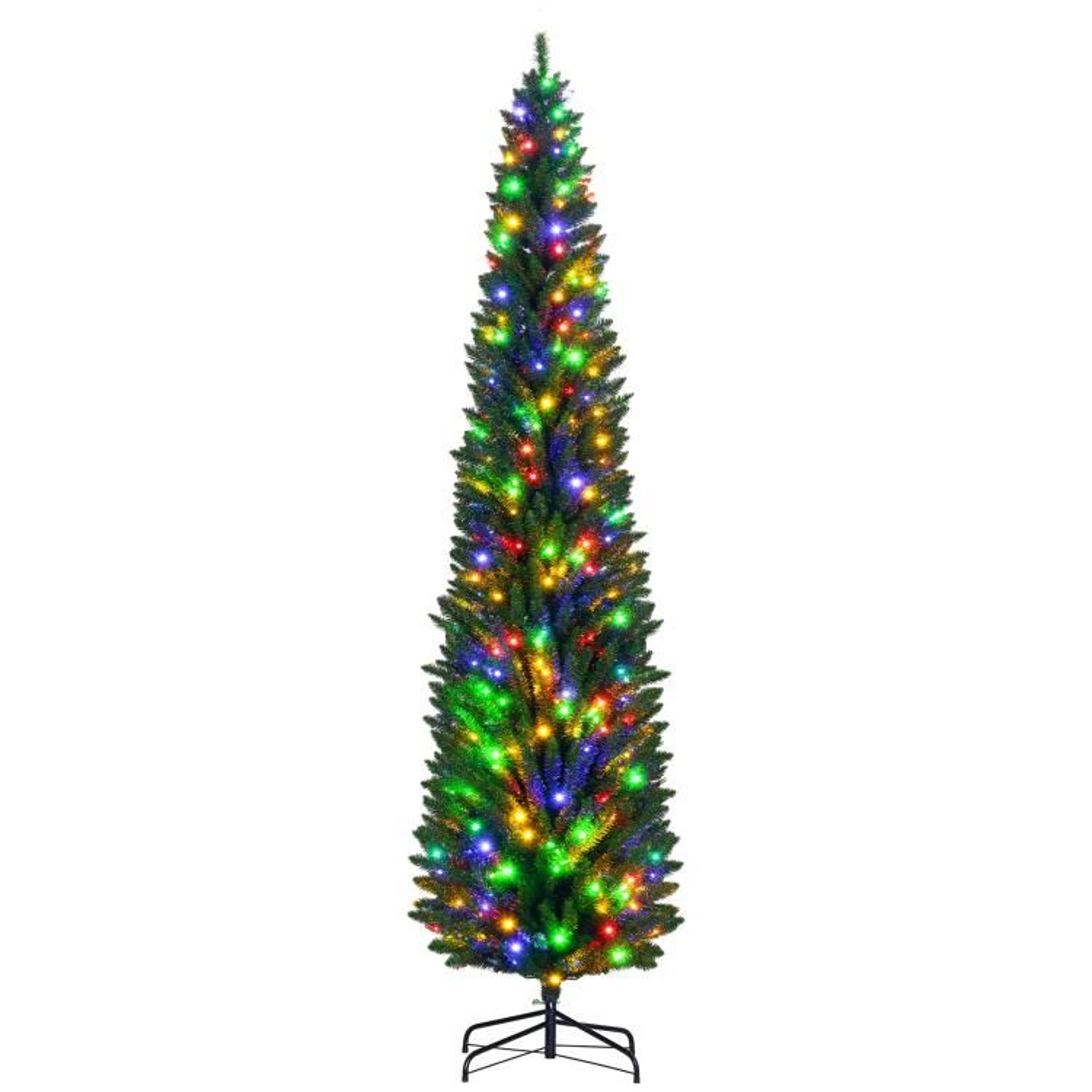 8 ft prelit pencil christmas tree with multicolor led lights and steel base
