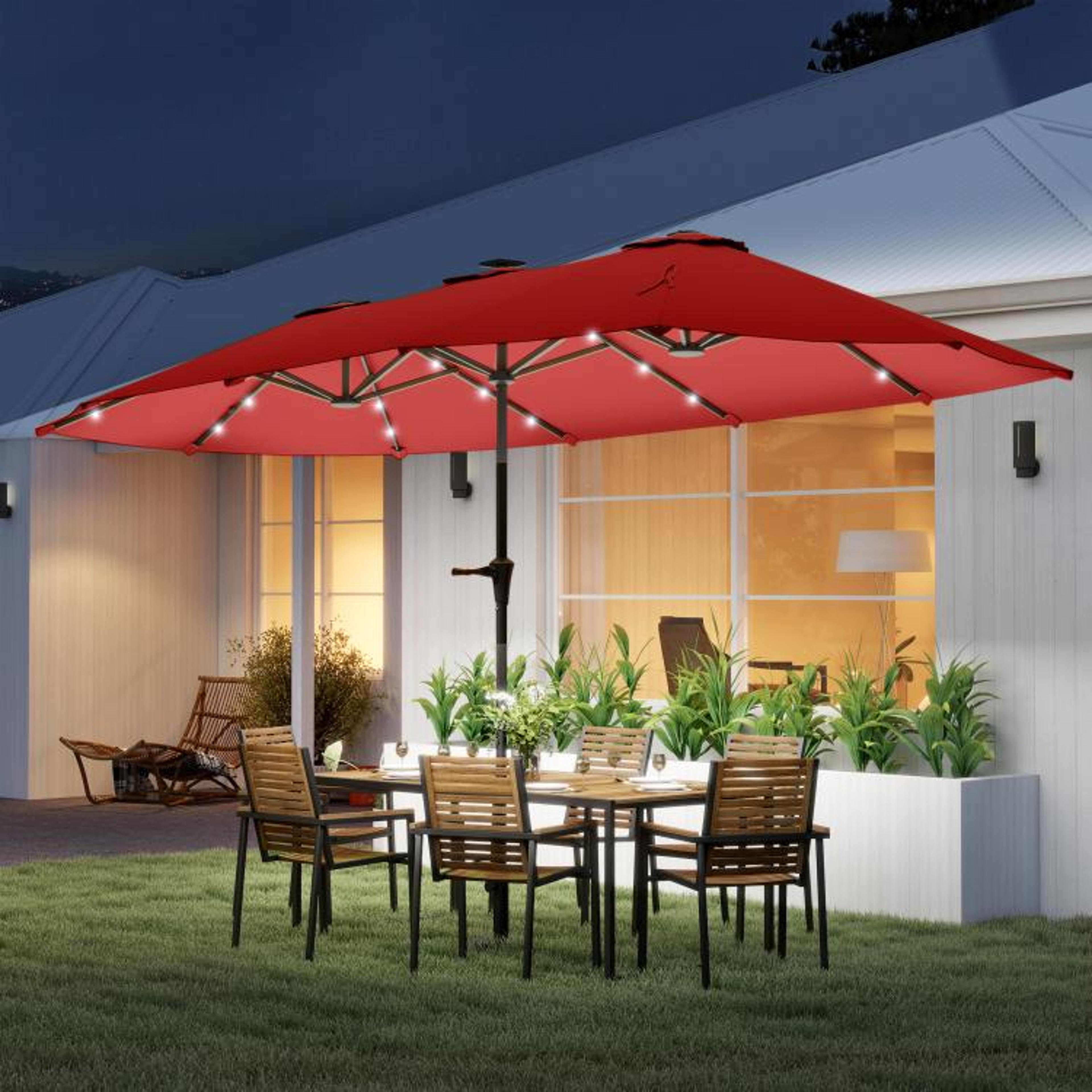 13ft DoubleSided Patio Umbrella With Solar LED Lights And Crank Handle  Wine Red 3