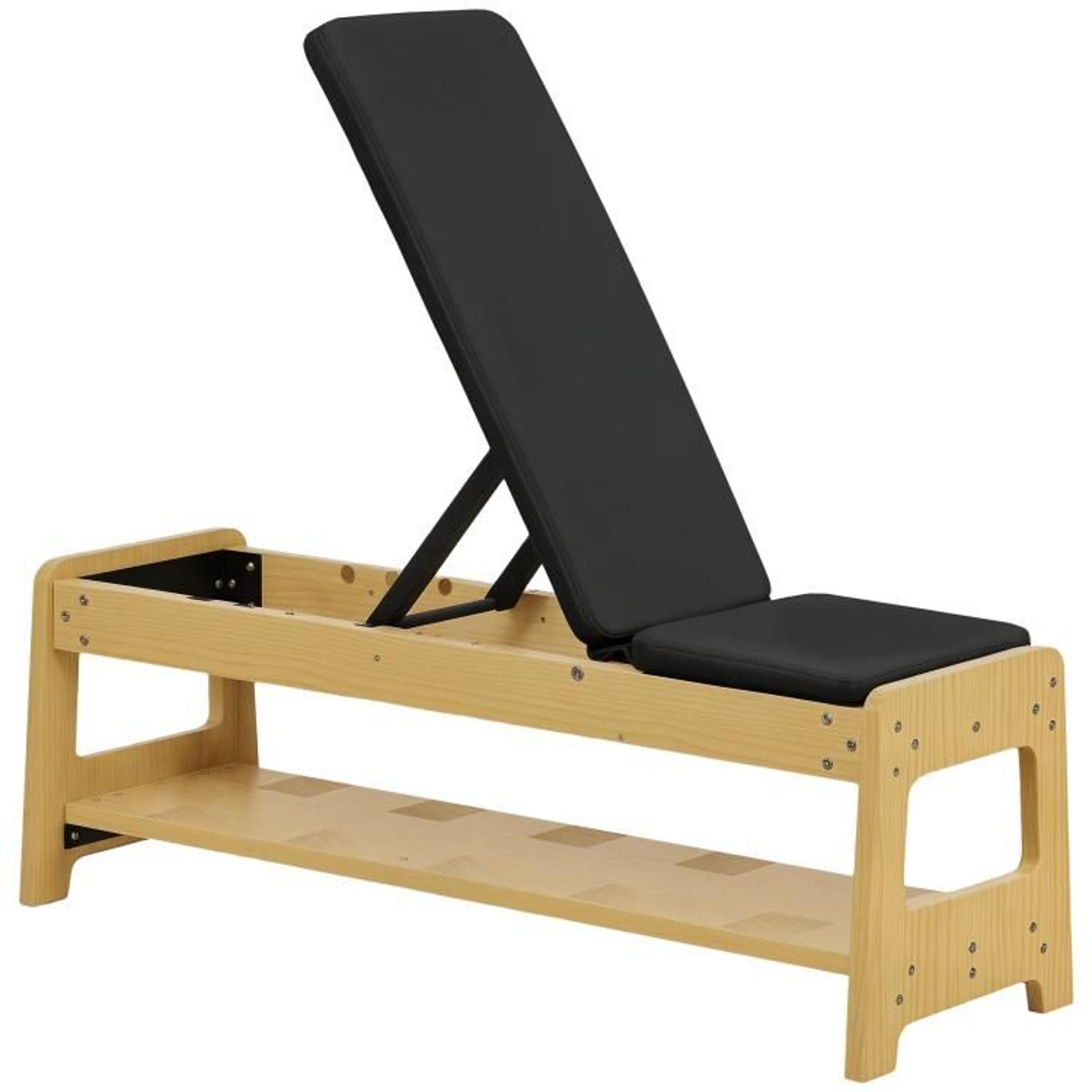 adjustable weight bench with dumbbell rack and beech wood frame for home gym