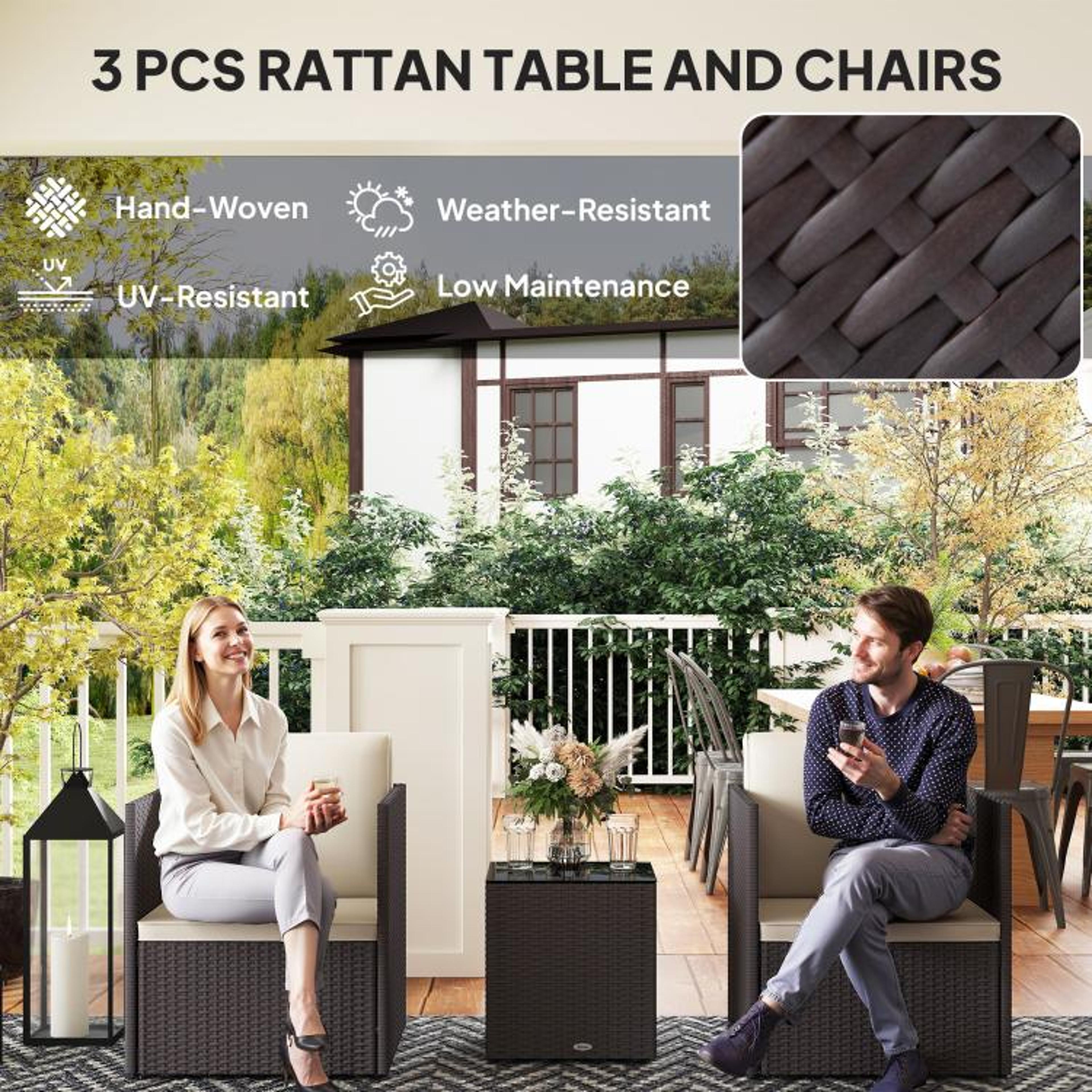 3Piece Folding Wicker Patio Bistro Set With Cushions And Glass Table  Brown 5
