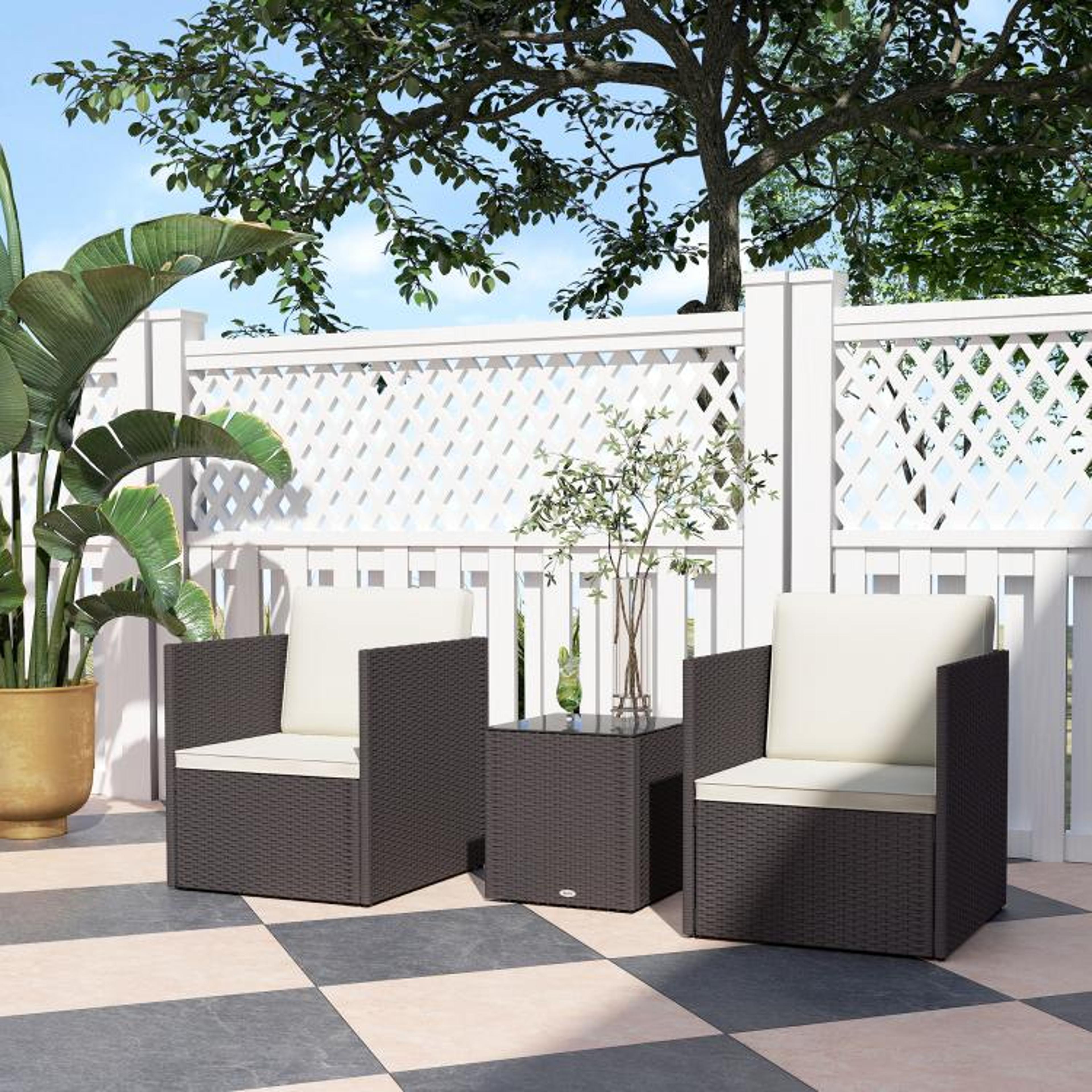 3Piece Folding Wicker Patio Bistro Set With Cushions And Glass Table  Brown 2