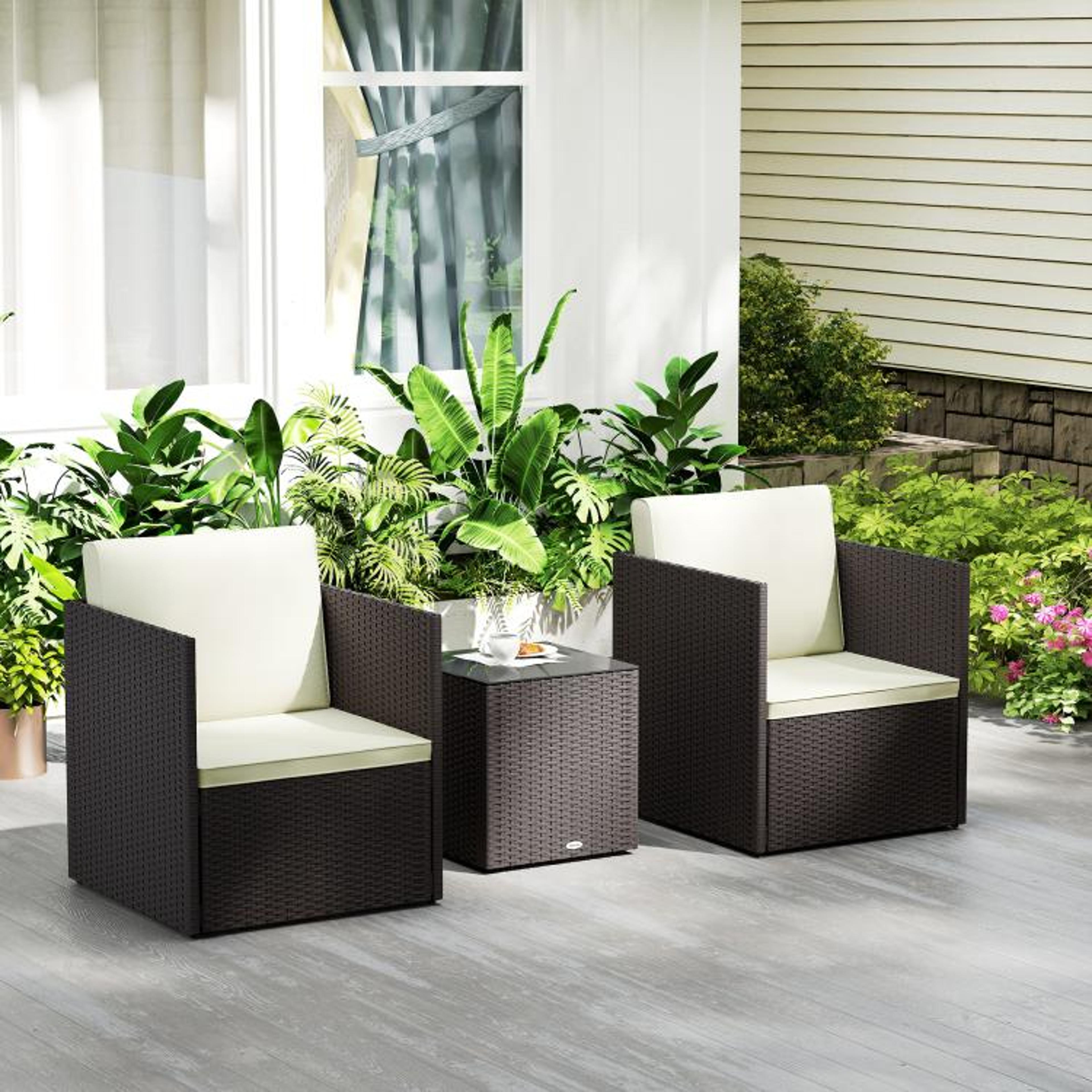 3Piece Folding Wicker Patio Bistro Set With Cushions And Glass Table  Brown 3
