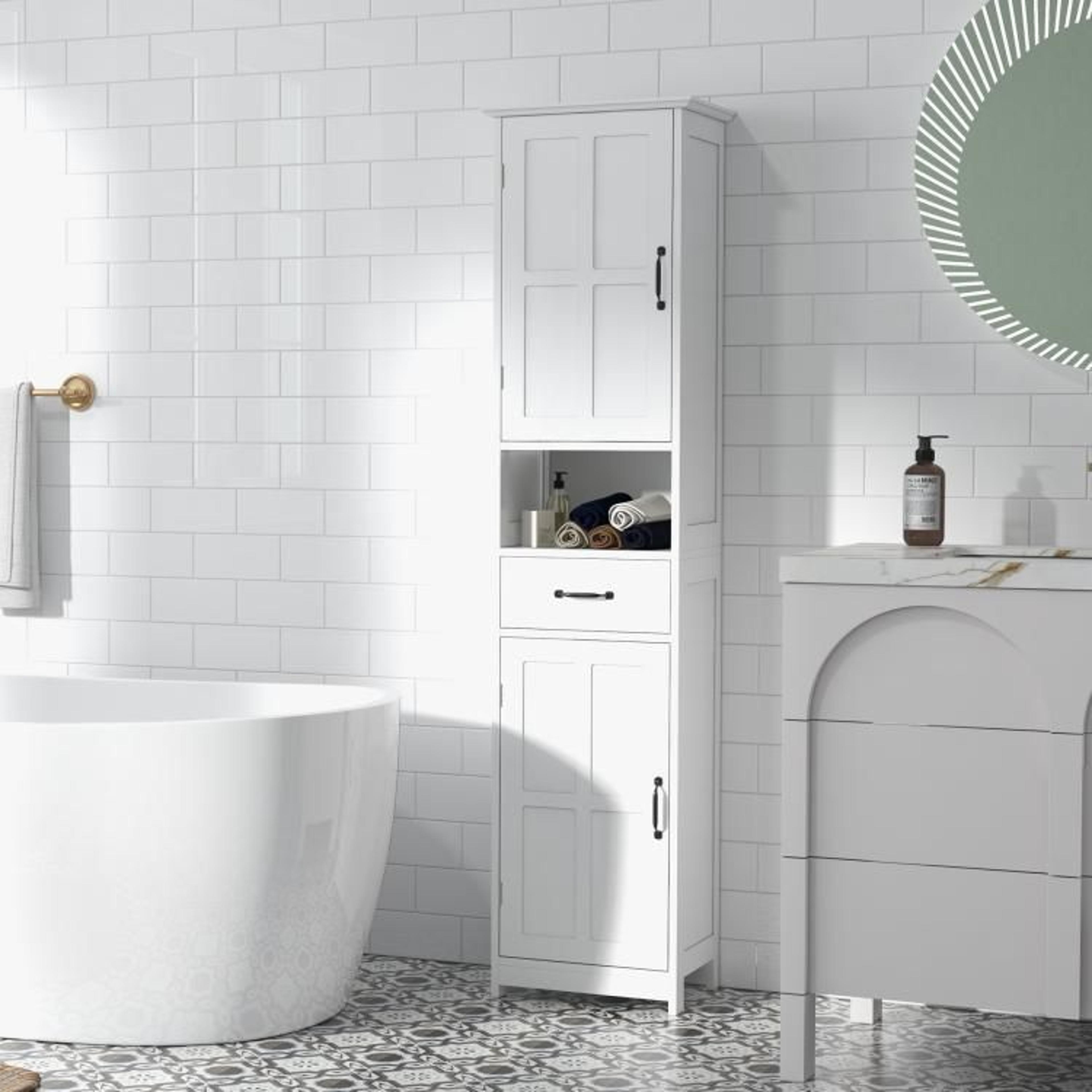 Narrow Bathroom Storage Cabinet With Drawer And Adjustable Shelves In White 3