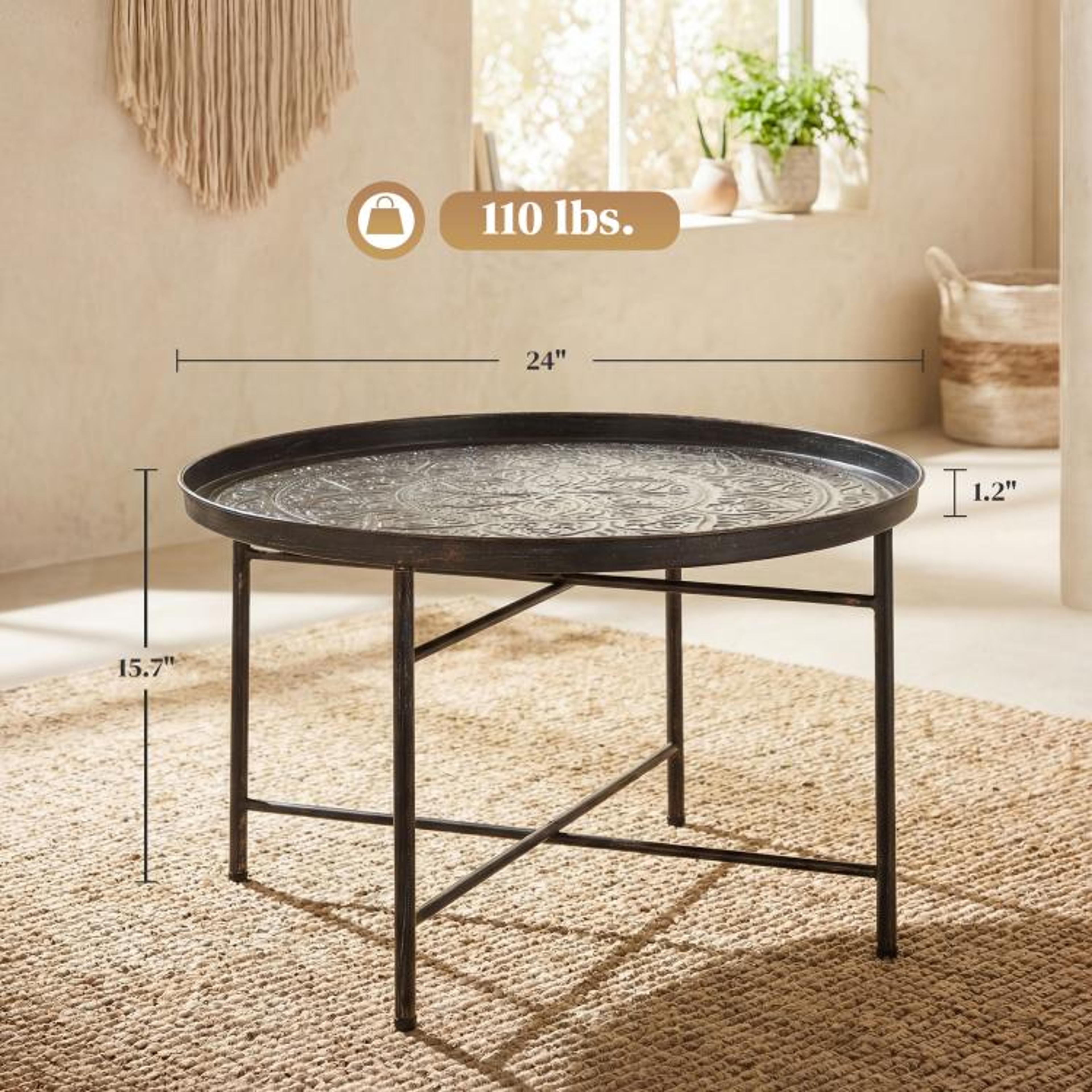 24Inch Round Coffee Table With Hammered Floral Tray Top In Pewter 3