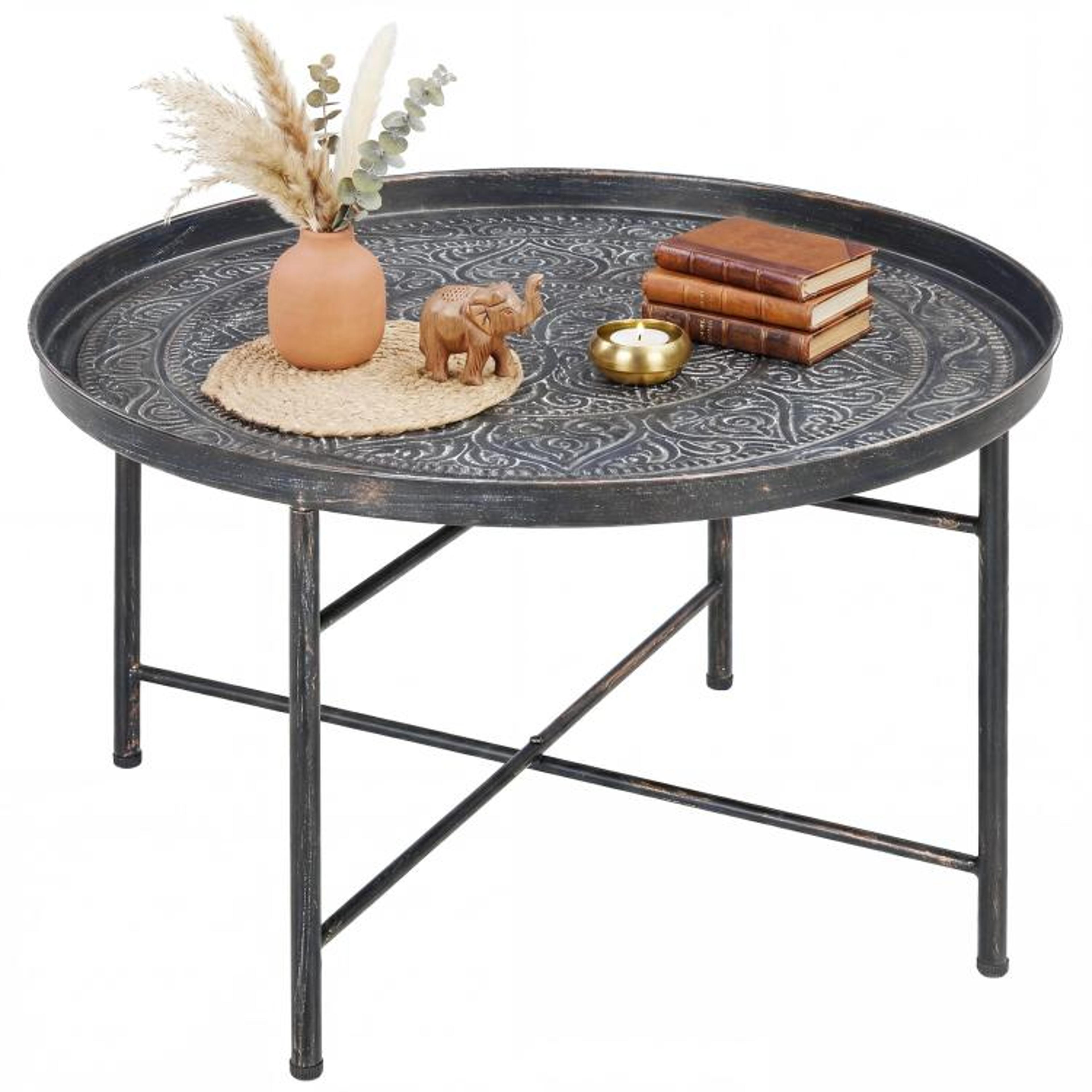 24-inch round coffee table with hammered floral tray top in pewter