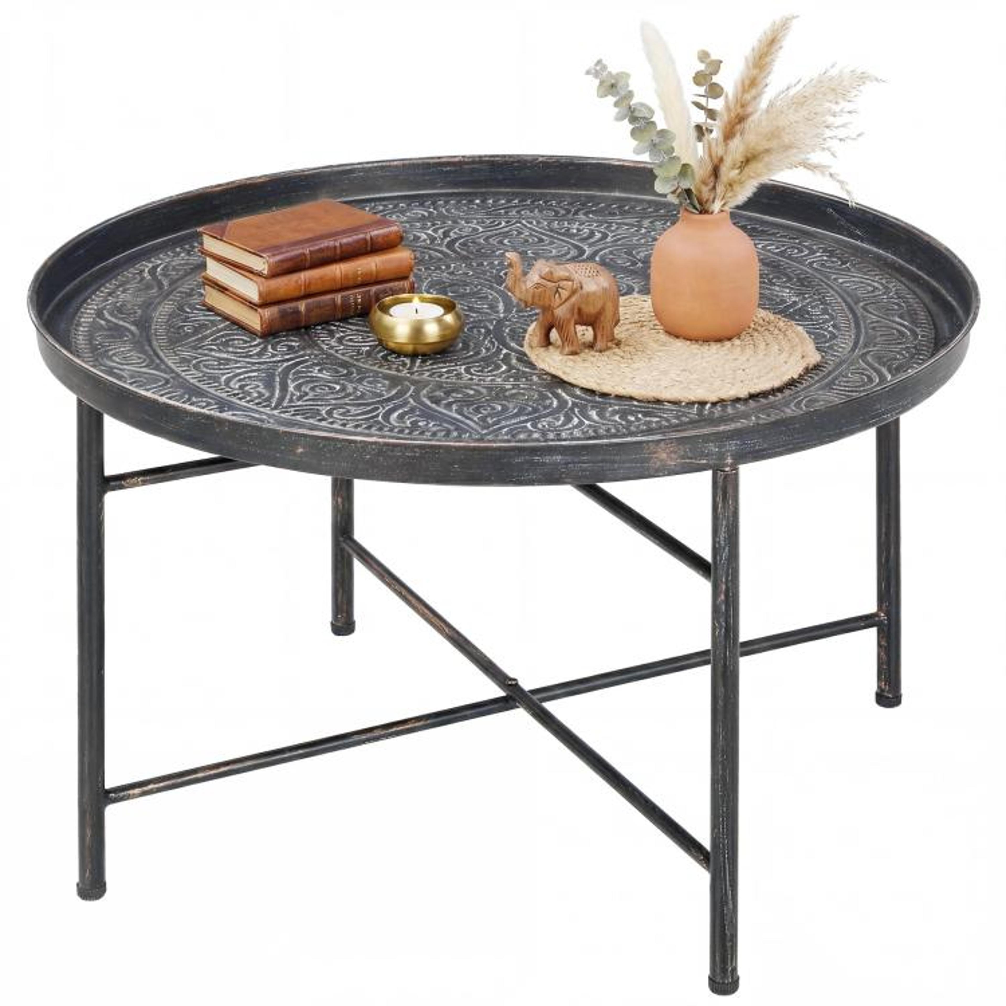 24Inch Round Coffee Table With Hammered Floral Tray Top In Pewter 1