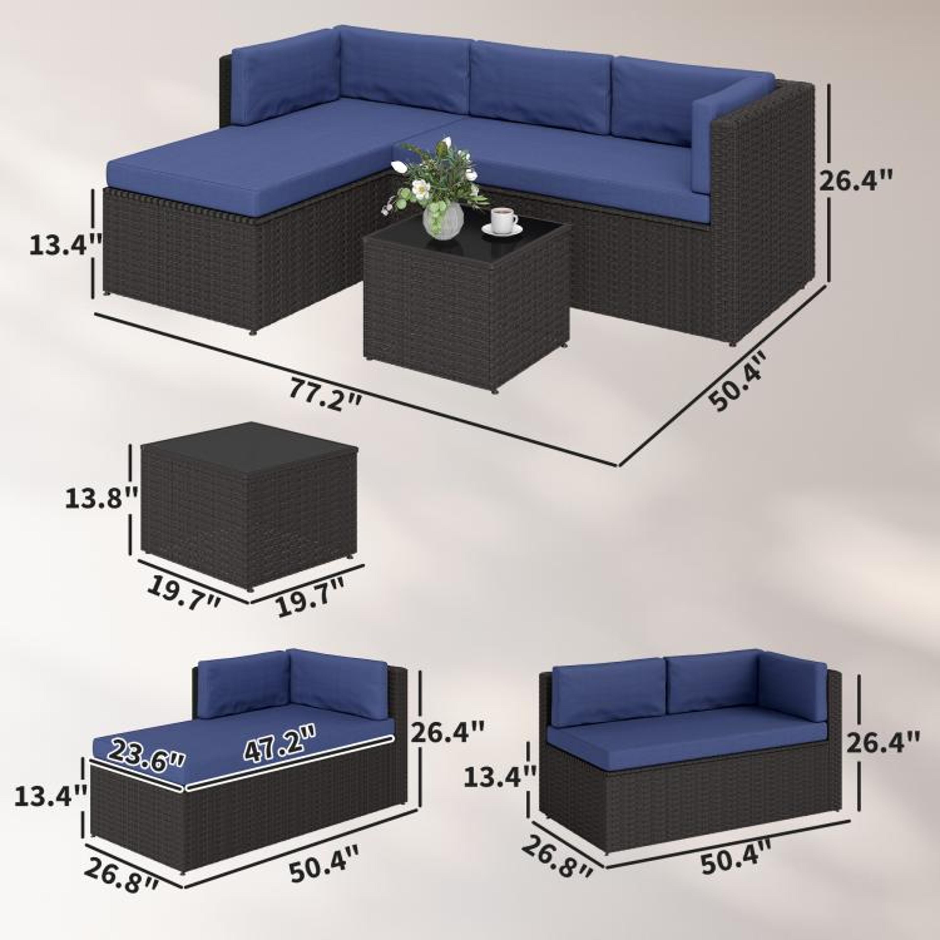3Piece Wicker Patio Furniture Set With Navy Blue Cushions And Glass Top Table 4