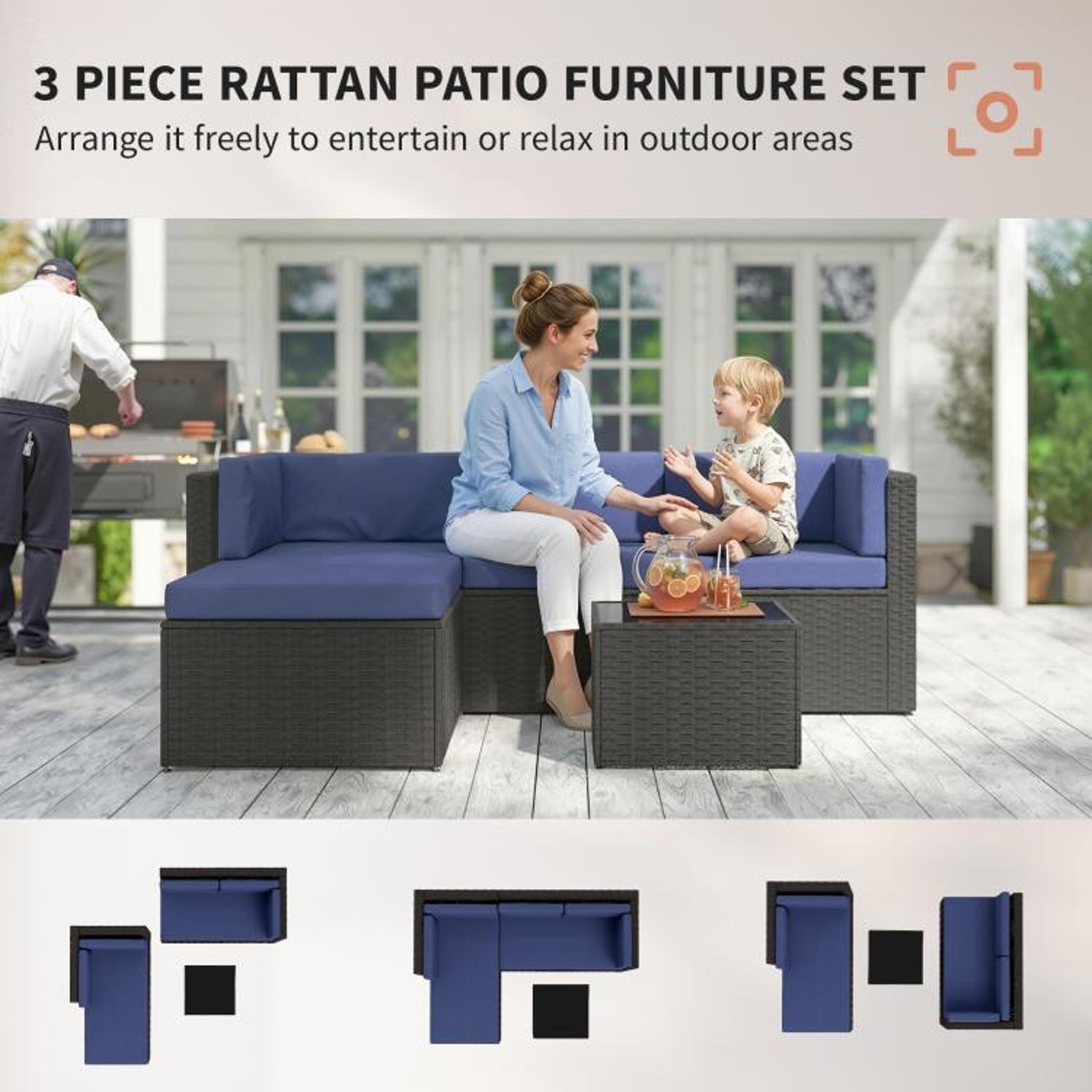 3Piece Wicker Patio Furniture Set With Navy Blue Cushions And Glass Top Table 5