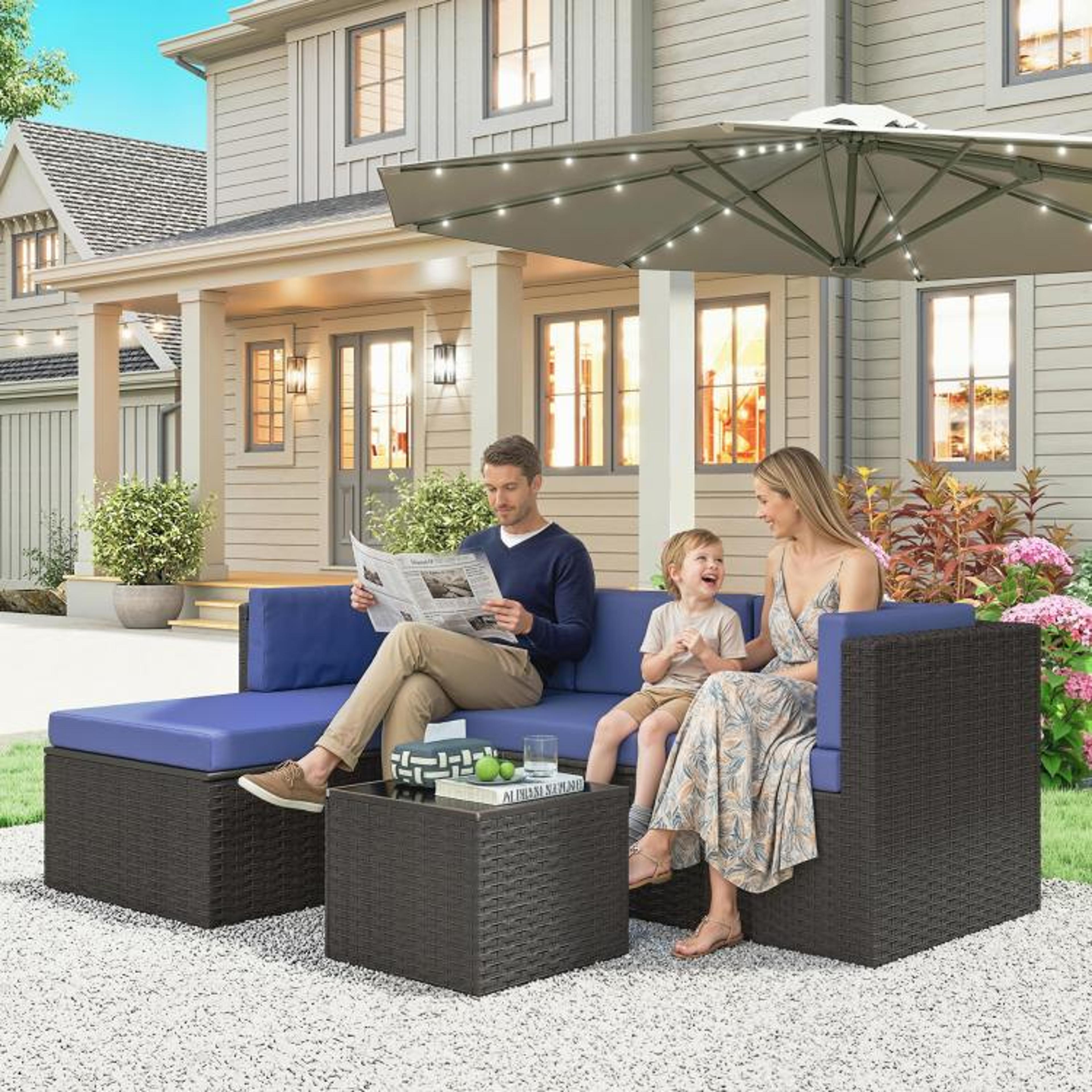 3Piece Wicker Patio Furniture Set With Navy Blue Cushions And Glass Top Table 2