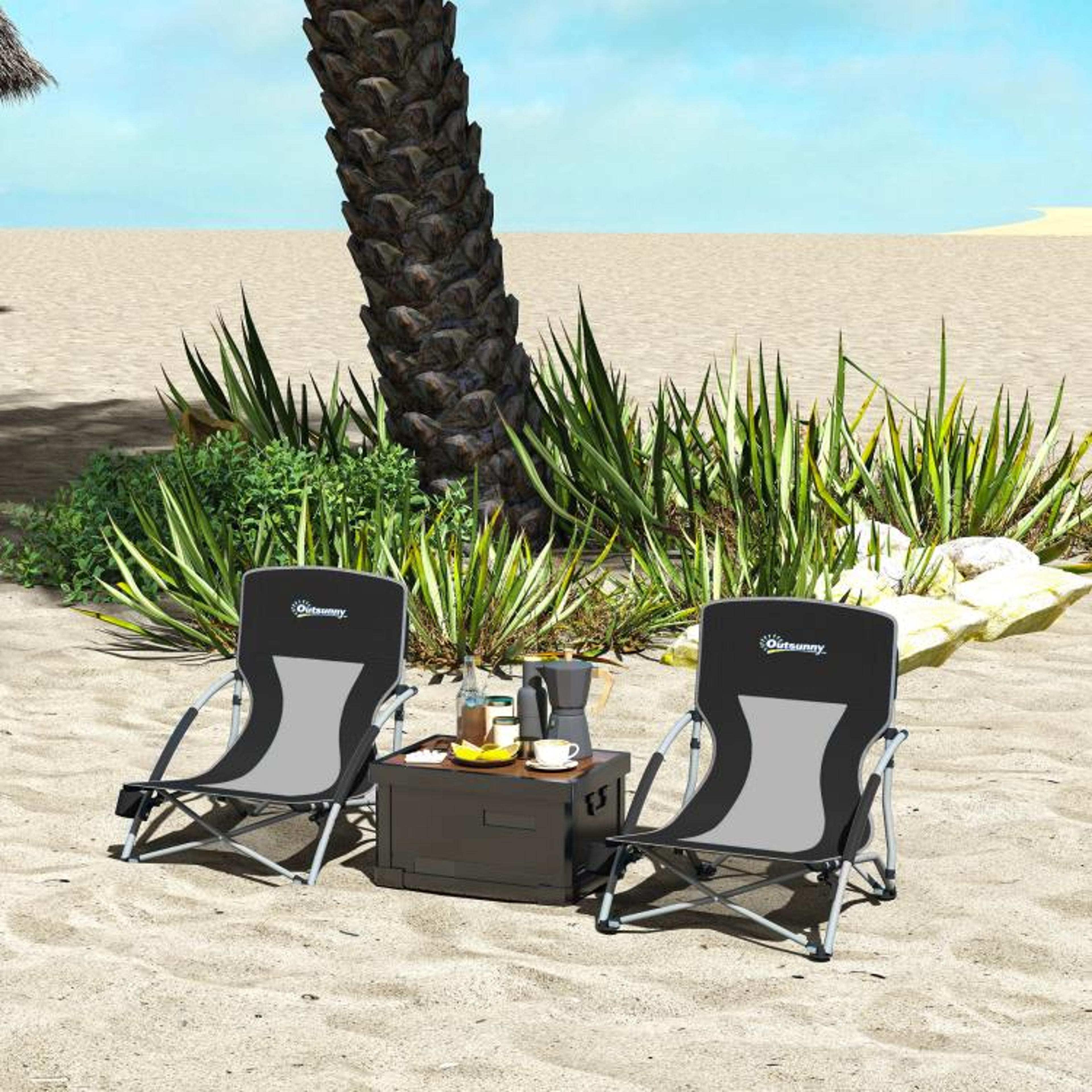 Set Of 2 Folding Beach Chairs With Mesh Back And Cup Holders  Black 2