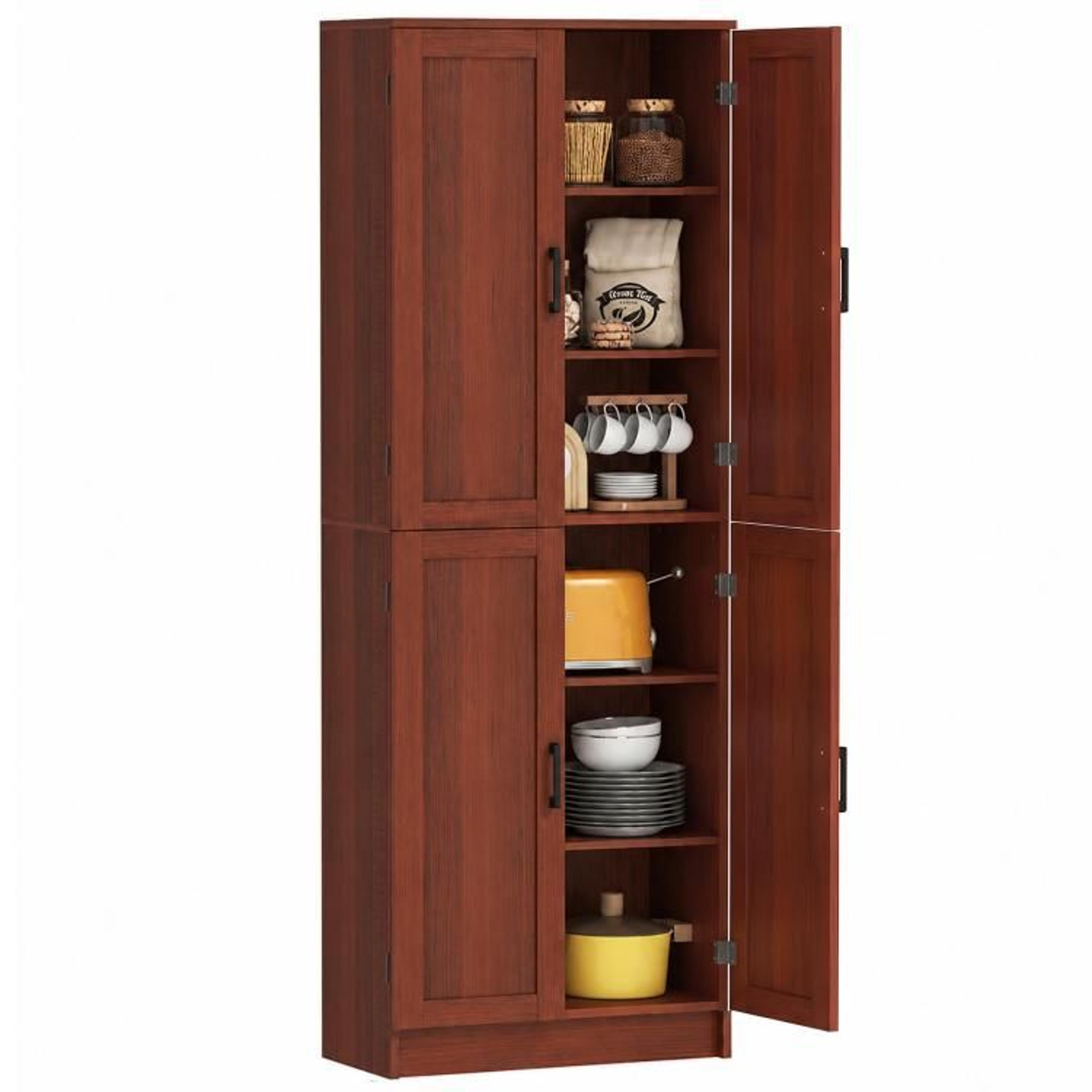 freestanding kitchen pantry cabinet with 4 doors and adjustable shelves  dark brown