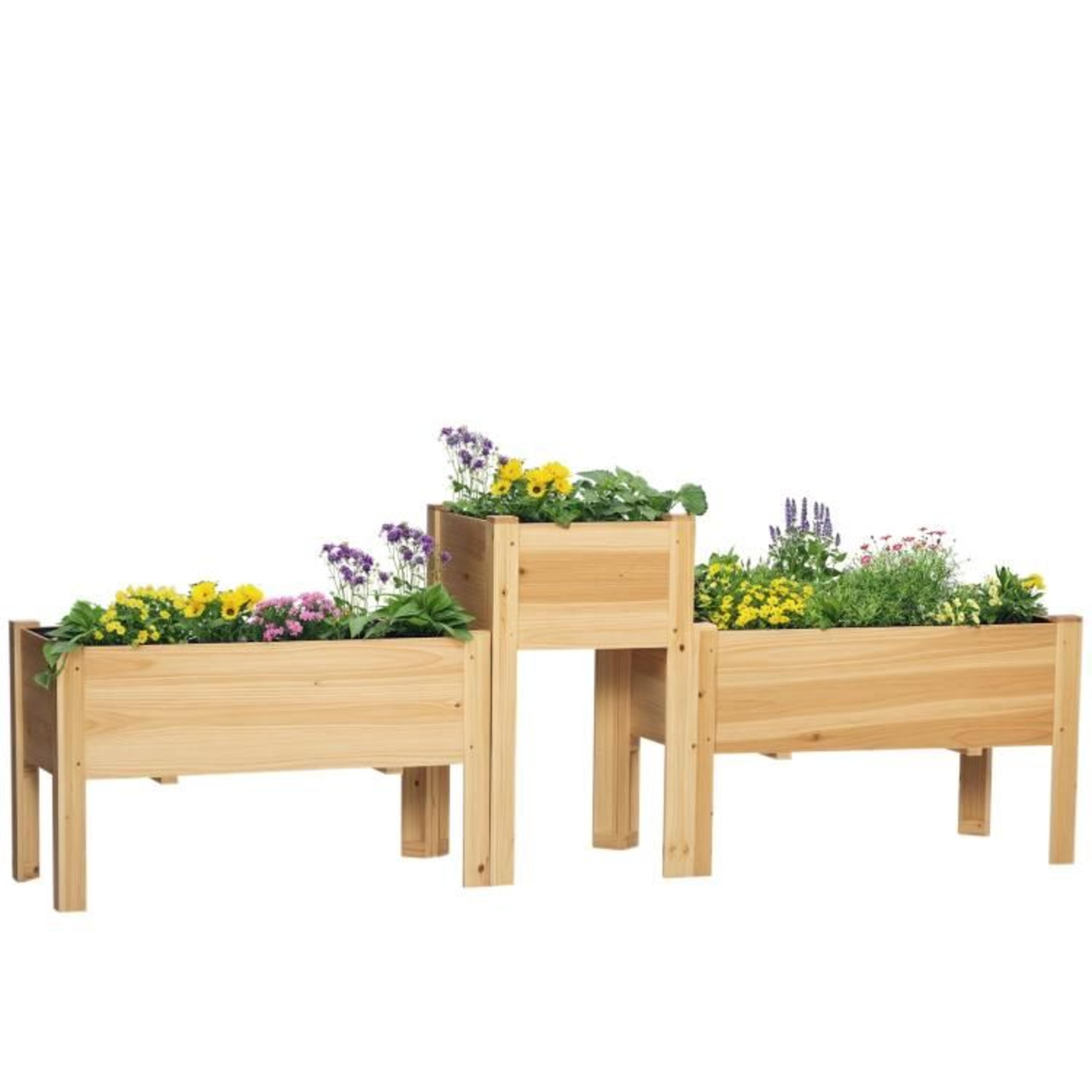 raised garden bed set of 3 with legs and liners  natural fir wood planters